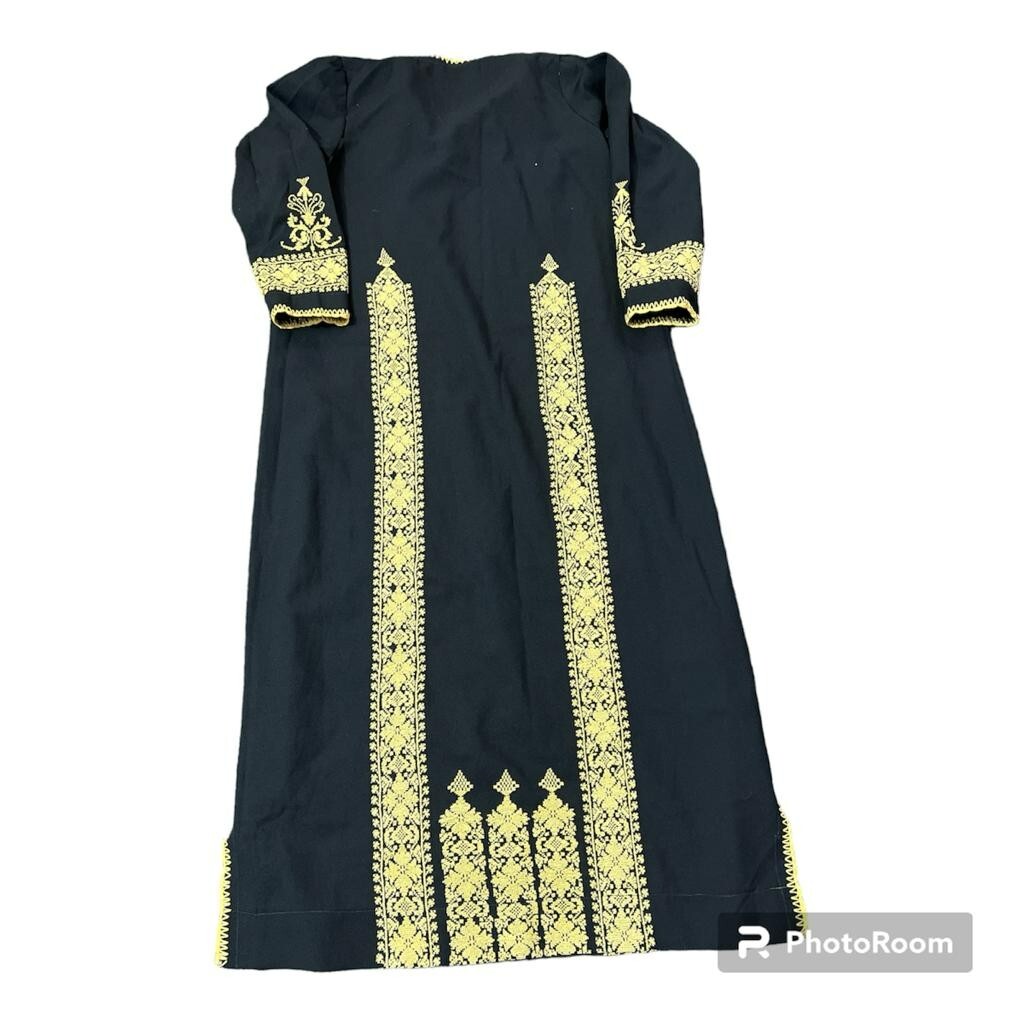 Vintage Women Traditional Embroidery Thob Palestine Hand Made Dress Black Silk
