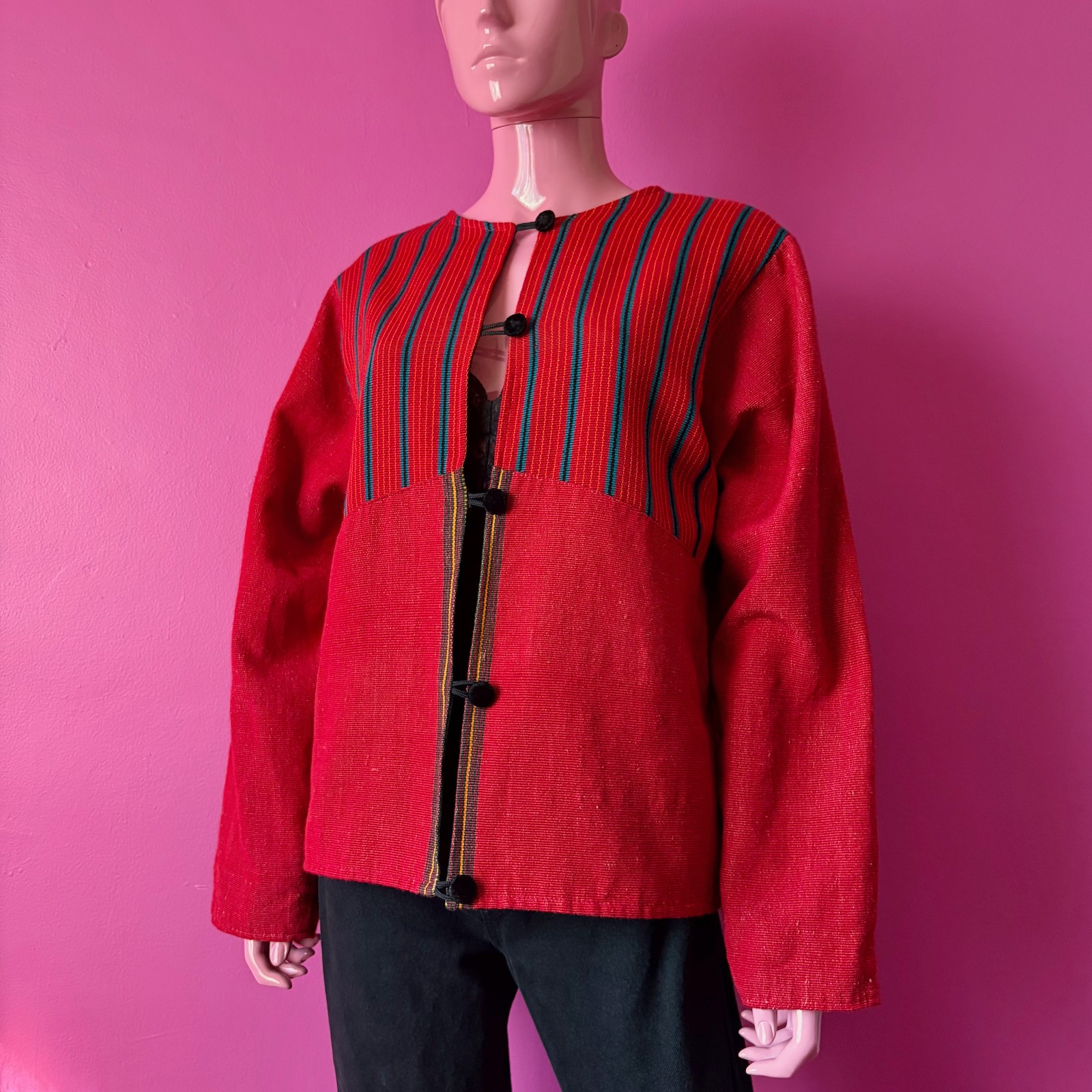 Vintage 90s XL Guatemalan Jacket Red Multicolor Handwoven Stripes Velvet Buttons
