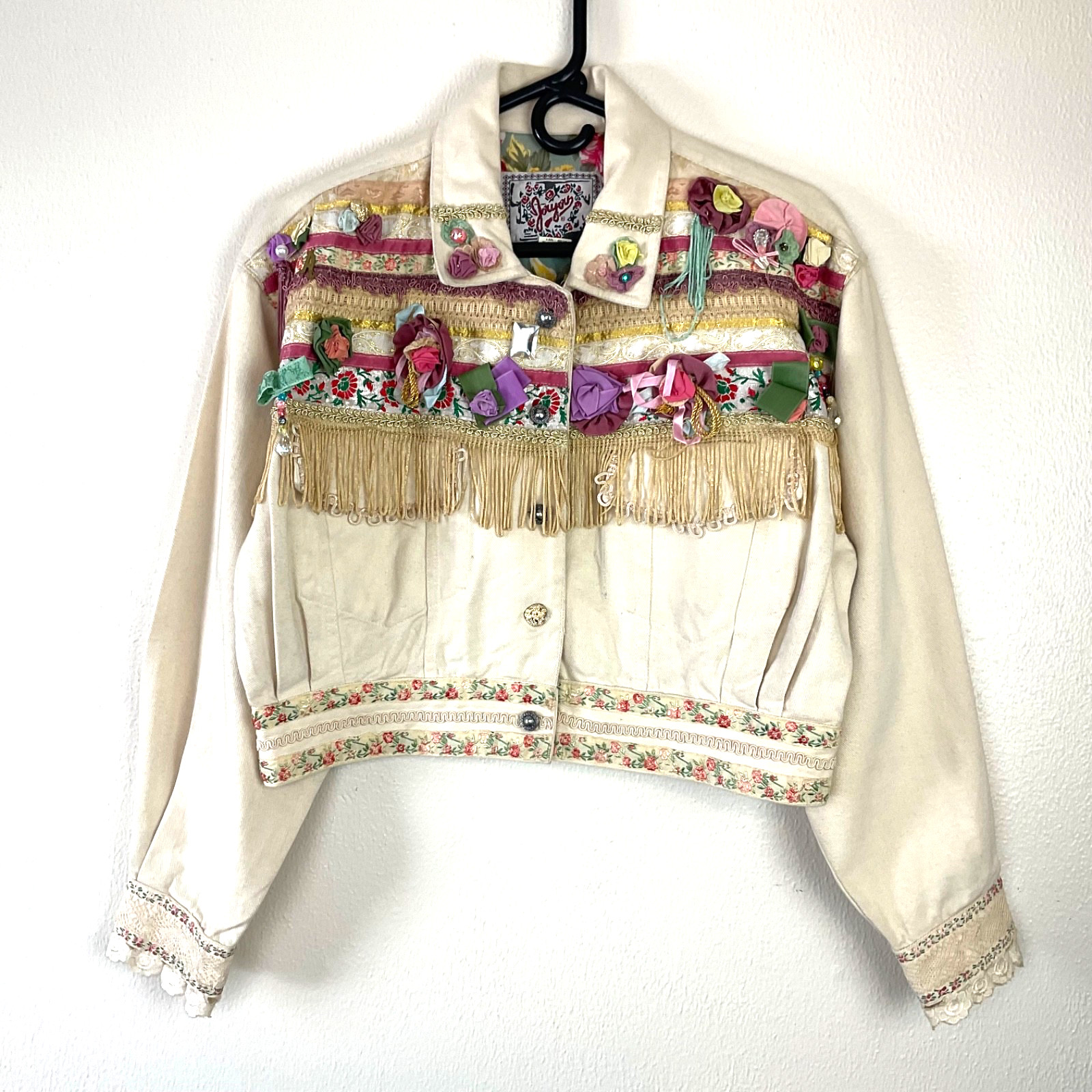 Vtg 90’s Joujou Cream Cropped Denim Jacket Lace Ribbon Tassels Embellished Sz M