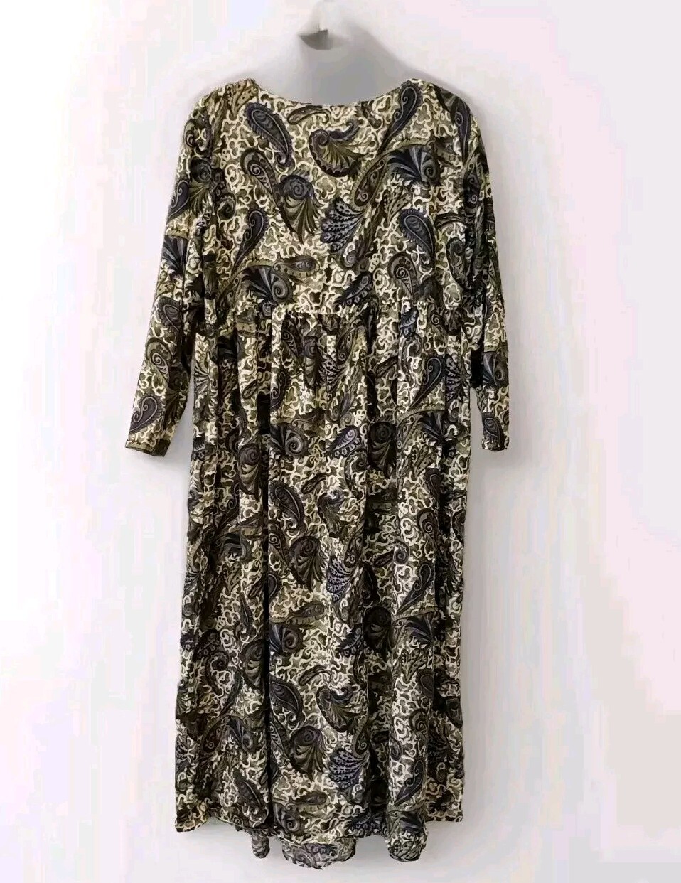 Vintage Lagenlook Maxi Dress Handmade Paisley Black Olive Tan Prairie Womens S