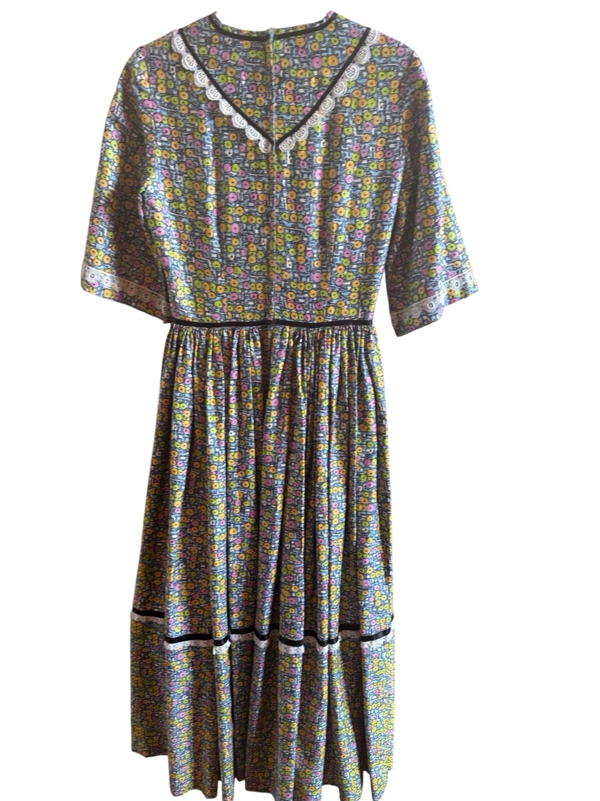 Vintage 1970s Homemade Prairie Long Dress Multi Colored Design Black Ribbon Lace