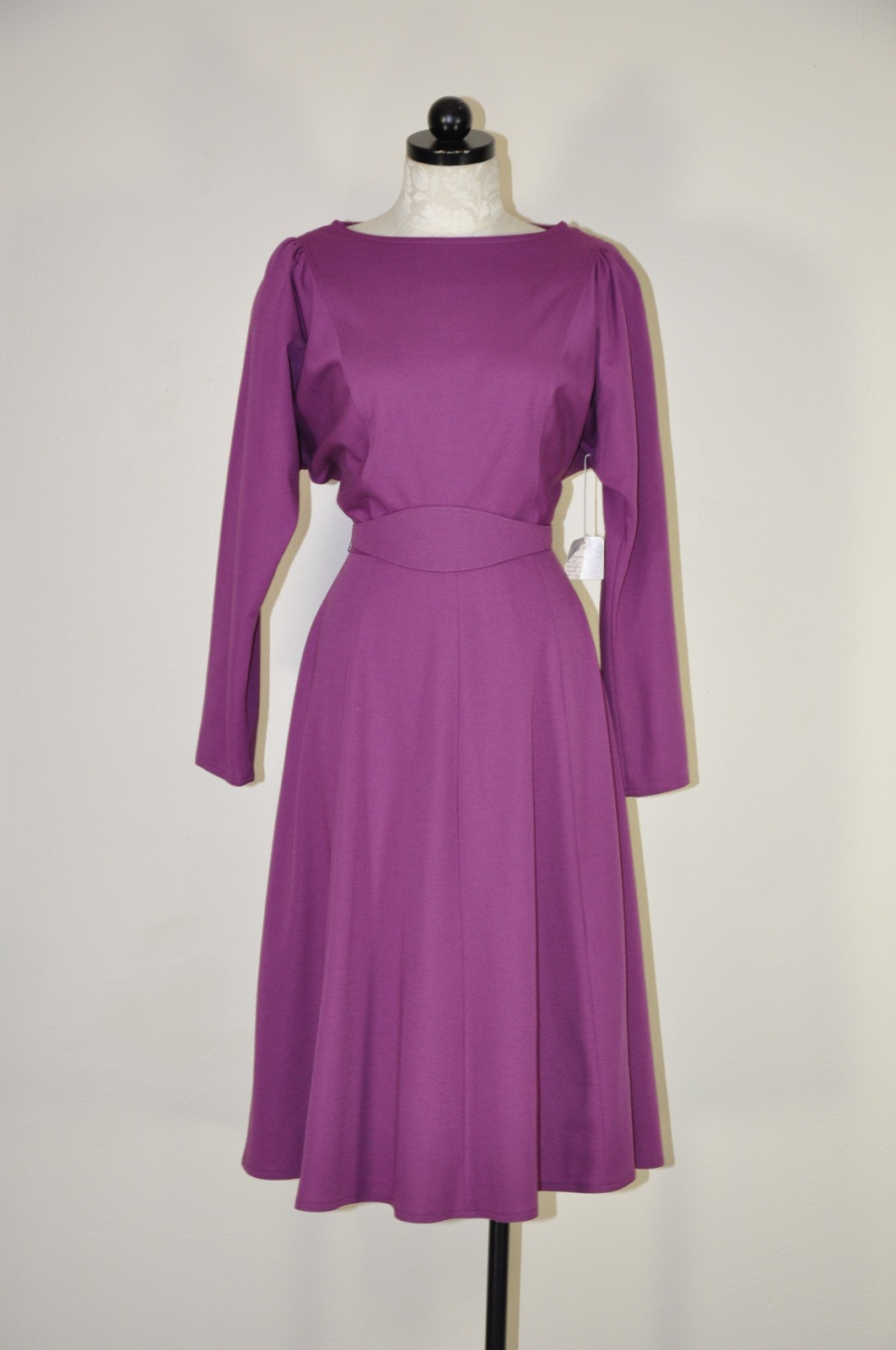 70s Vintage Purple Wool Knit Jersey Puff Sleeve Belt Full Skirt Dress Women M L