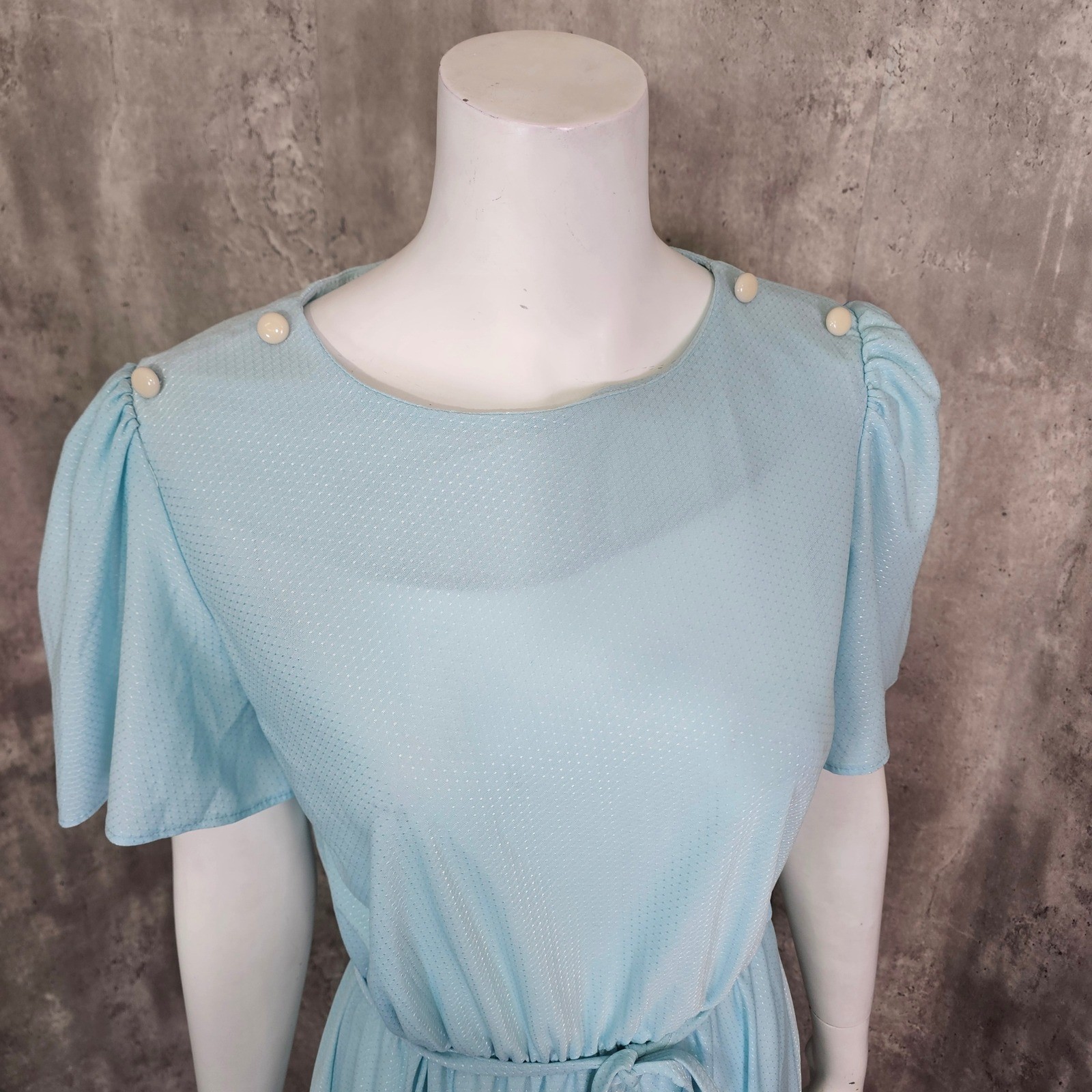 Vintage 70s 80s Baby Blue Disco Dress Midi Flutter Sleeve Secretary Glam M