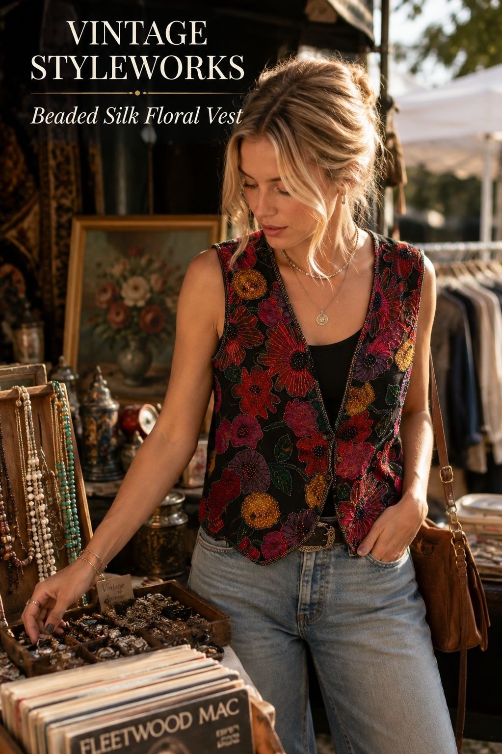 VTG 80s/90s Styleworks Silk Beaded Floral Vest M Black Boho Maximalist Artsy