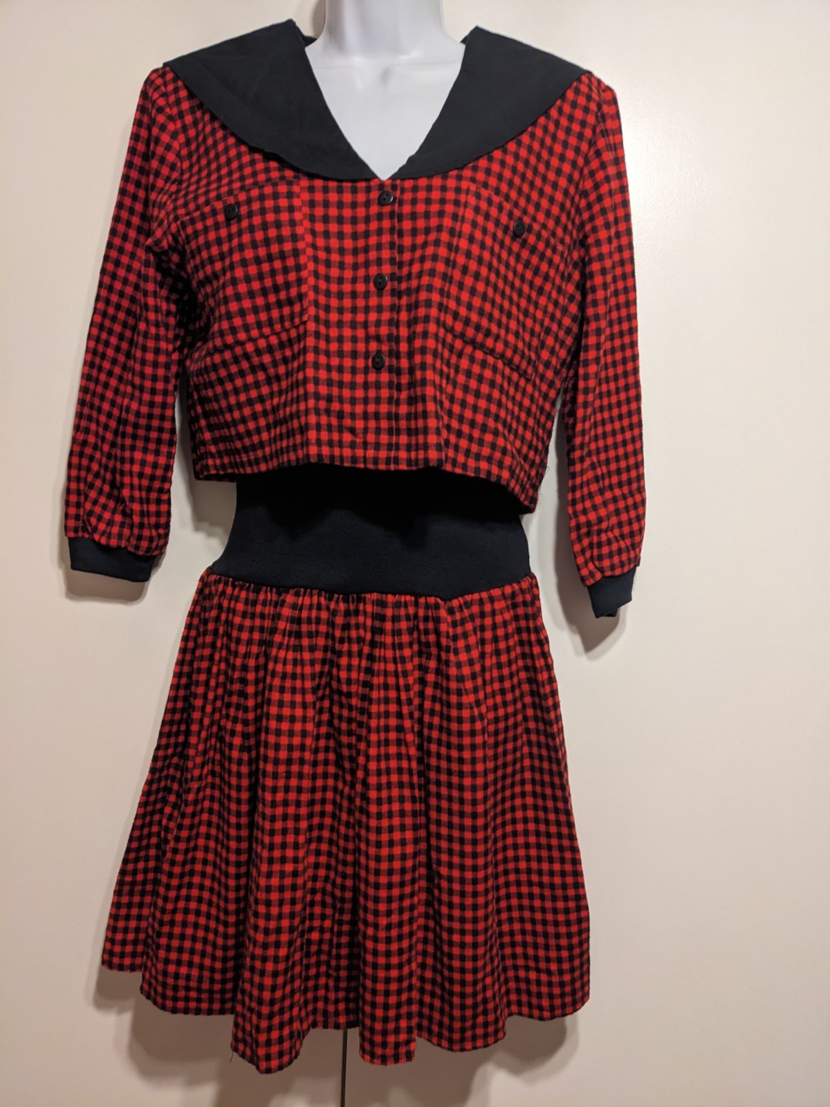 Vintage 80s red black plaid jumper dress drop waist You too Babes USA shirt 90s