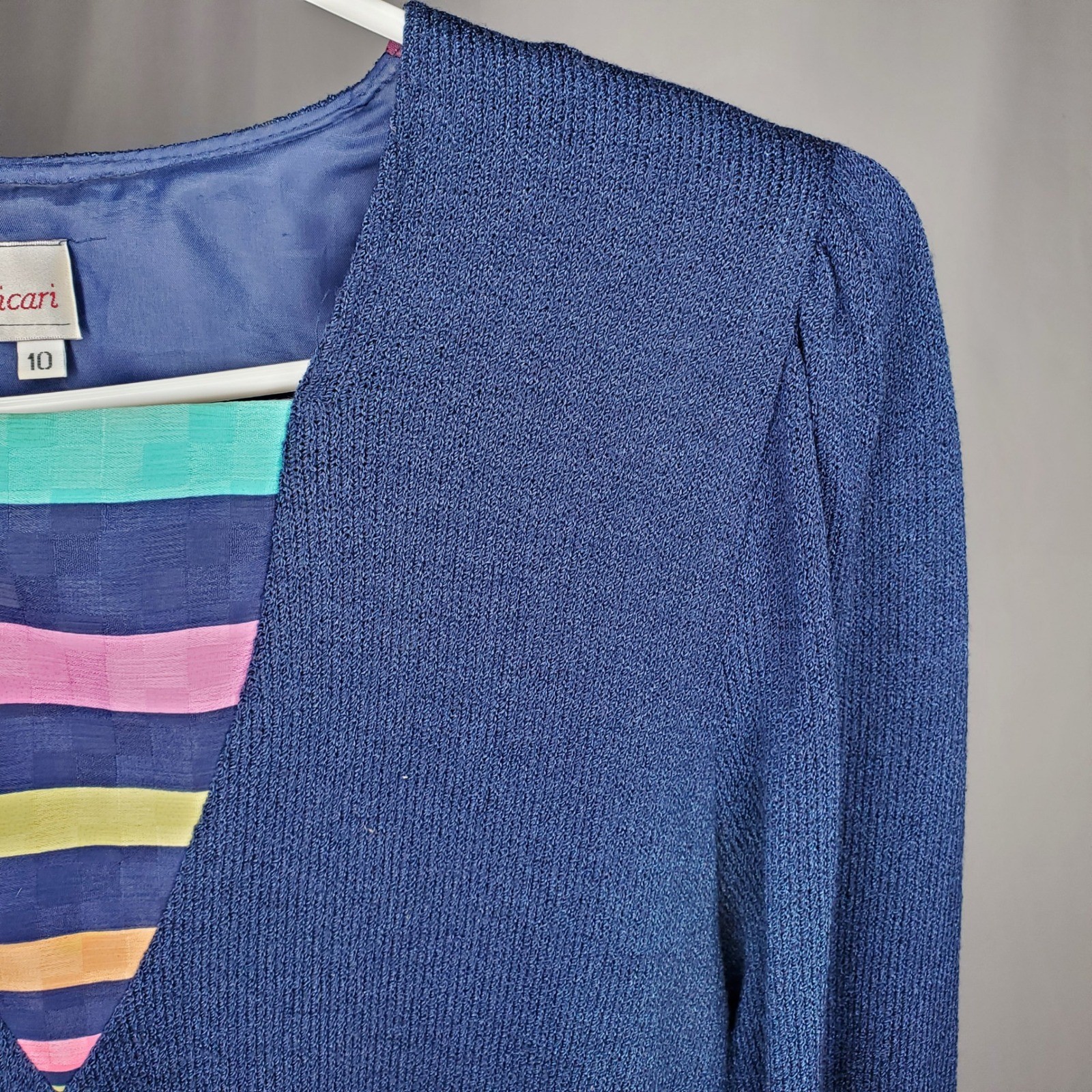 Anthony Sicari Vintage 80s Navy Blue Knit Sweater 10 Striped Inset V-Neck