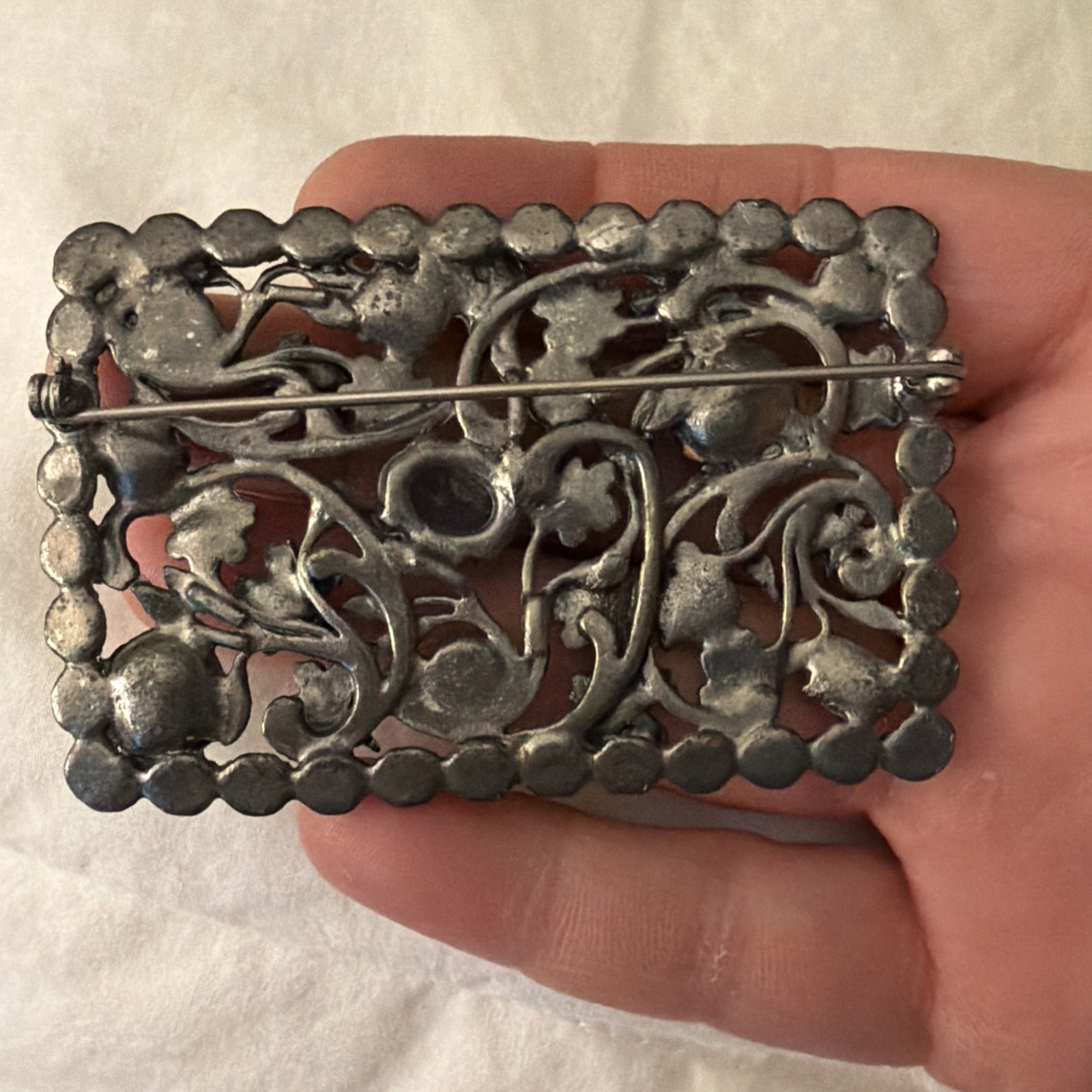 Vintage Ornate Pin Light blue Gems Silver Metal Floral and Vines