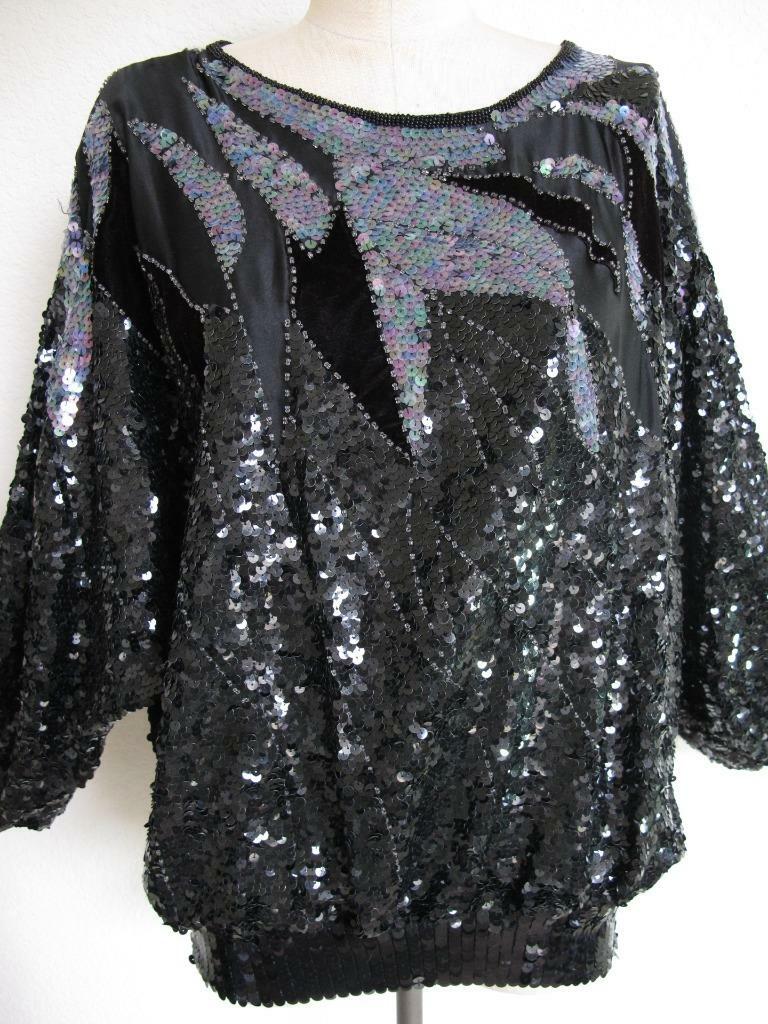 Vintage Silk Beaded Sequin Batwing Top M 80s Blouson Black Velvet Three Flaggs