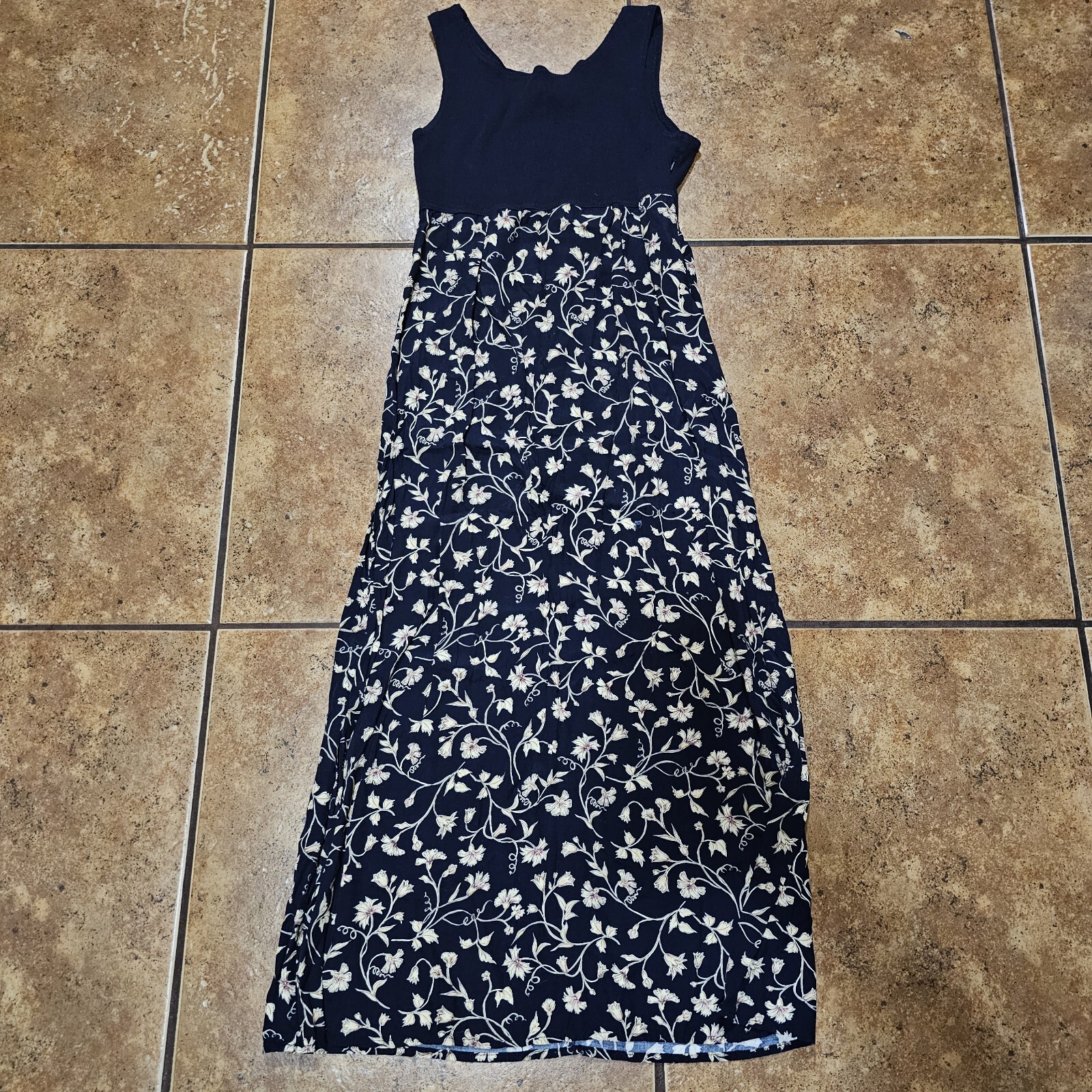 Vintage 90s Maxi Dress Floral JM Studio Navy Cream Slip On Classic Sundress