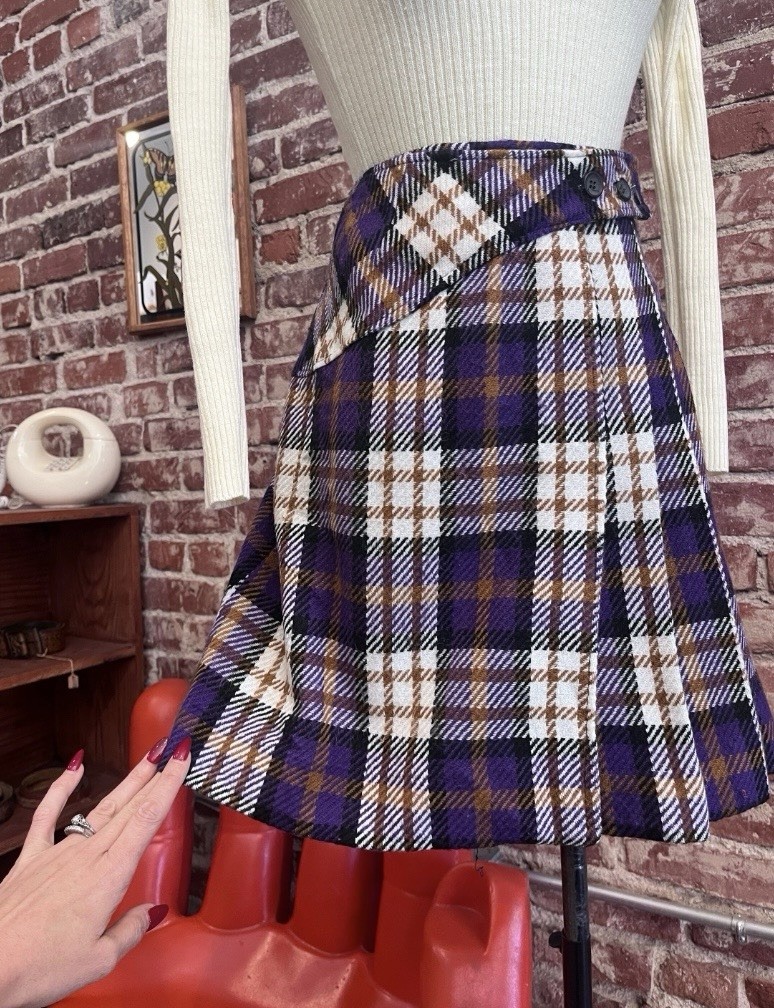 70s Vintage Ultra Mod Plaid A-Line Mini Skirt Purple Size 26.5” Waist