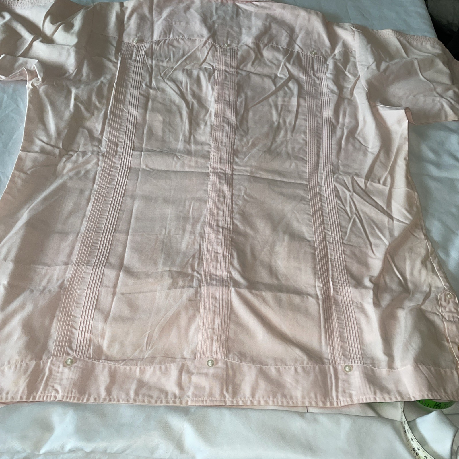 Vtg ’80s Van Heusen Pink Guayabera Embroidered Cuban Button Shirt Sz 17 1/5