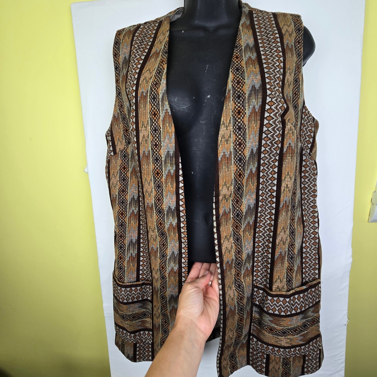 Vintage Prior Westerns Denver Southwestern Geometric Woven Longline Vest Brown