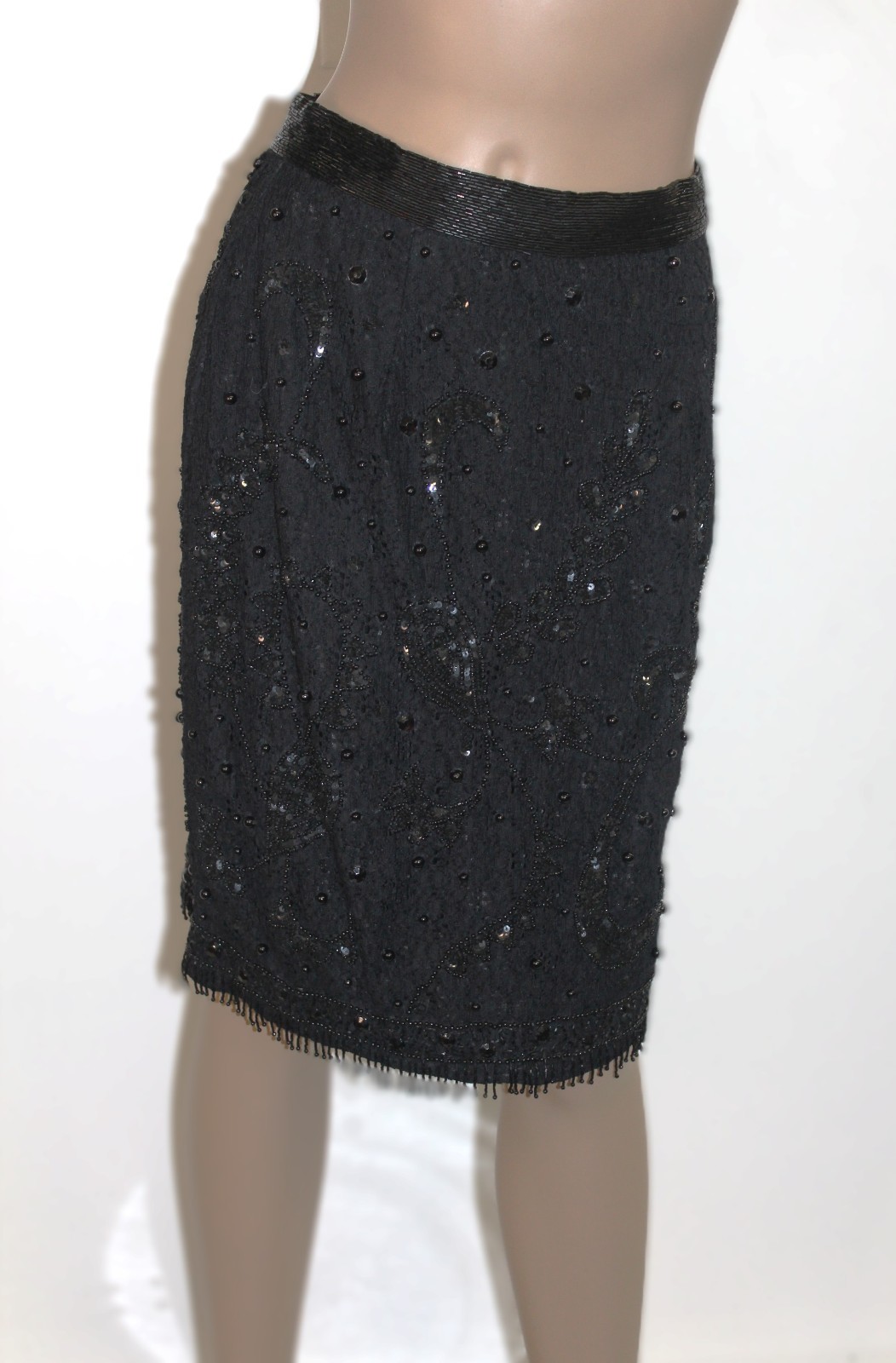 Theo Miles Vintage Black Pencil Skirt w Beaded and Sequined Designs Size 8