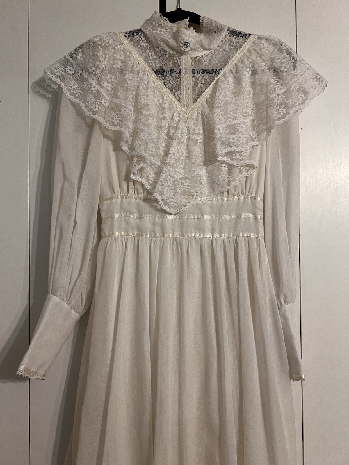 VTG 70s Candi Jones California Dress Ivory Prairie Lace Maxi Boho Cottagecore 11