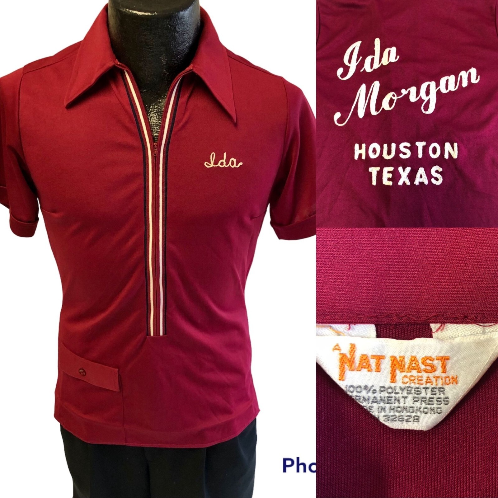 Vtg 60s Nat Nast Women Maroon 1/2 Zip CHAIN STITCHED HOUSTON Texas Bowling Shirt