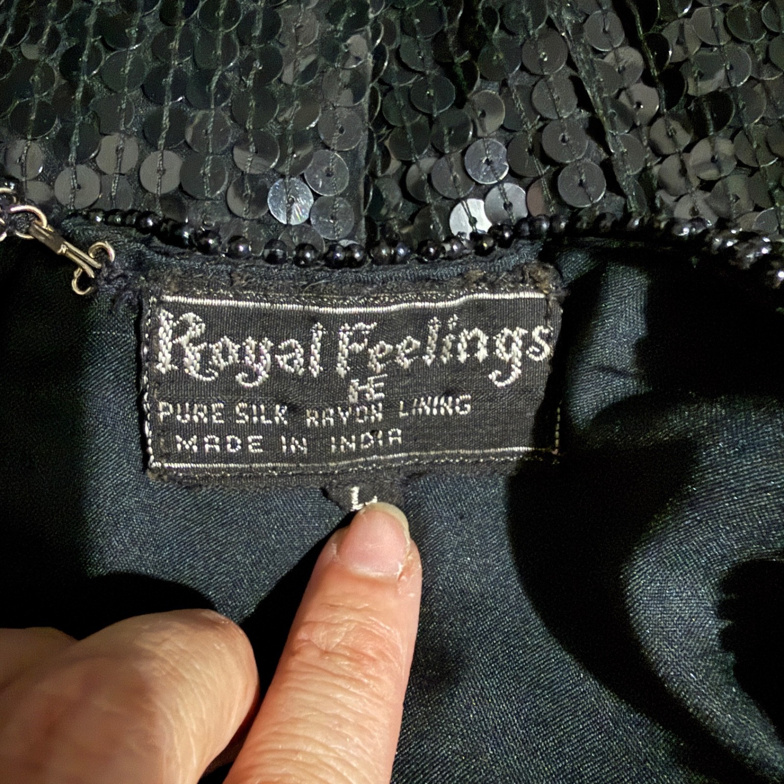Vintage Royal Feelings Black Silk Sequin Floral Beaded Top L Pink Roses Glam