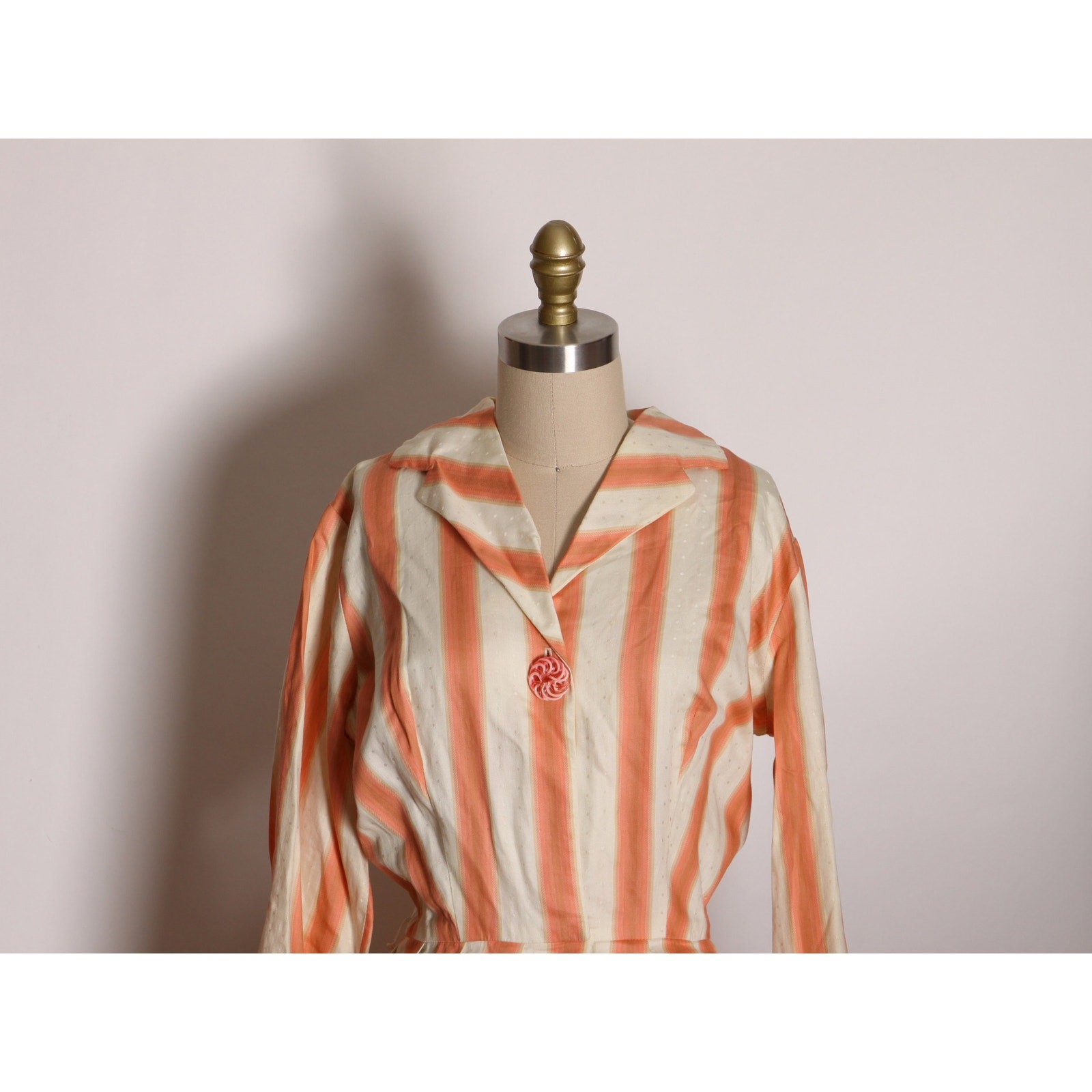 1950s Peach Pink Tan Cream 3/4 Length Sleeve Fit and Flare Dress by Julie Miller