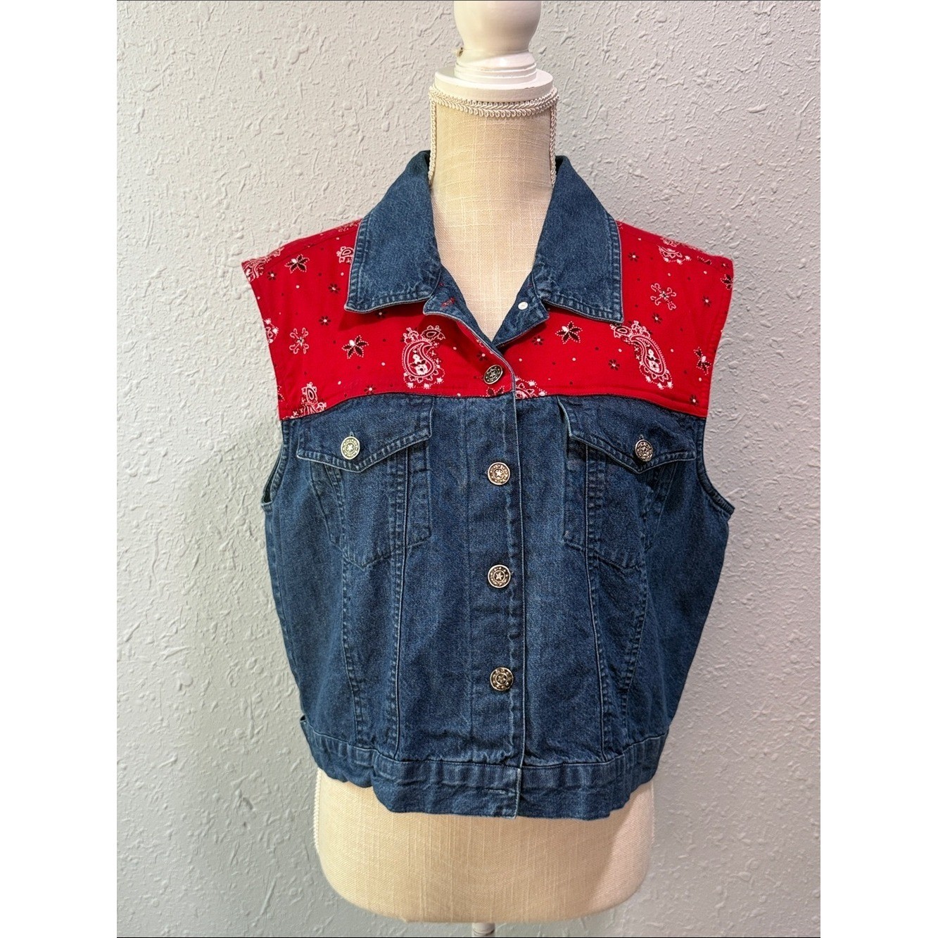 Rhythm Blue Red Bandana Denim Vest Size Large Western Wear