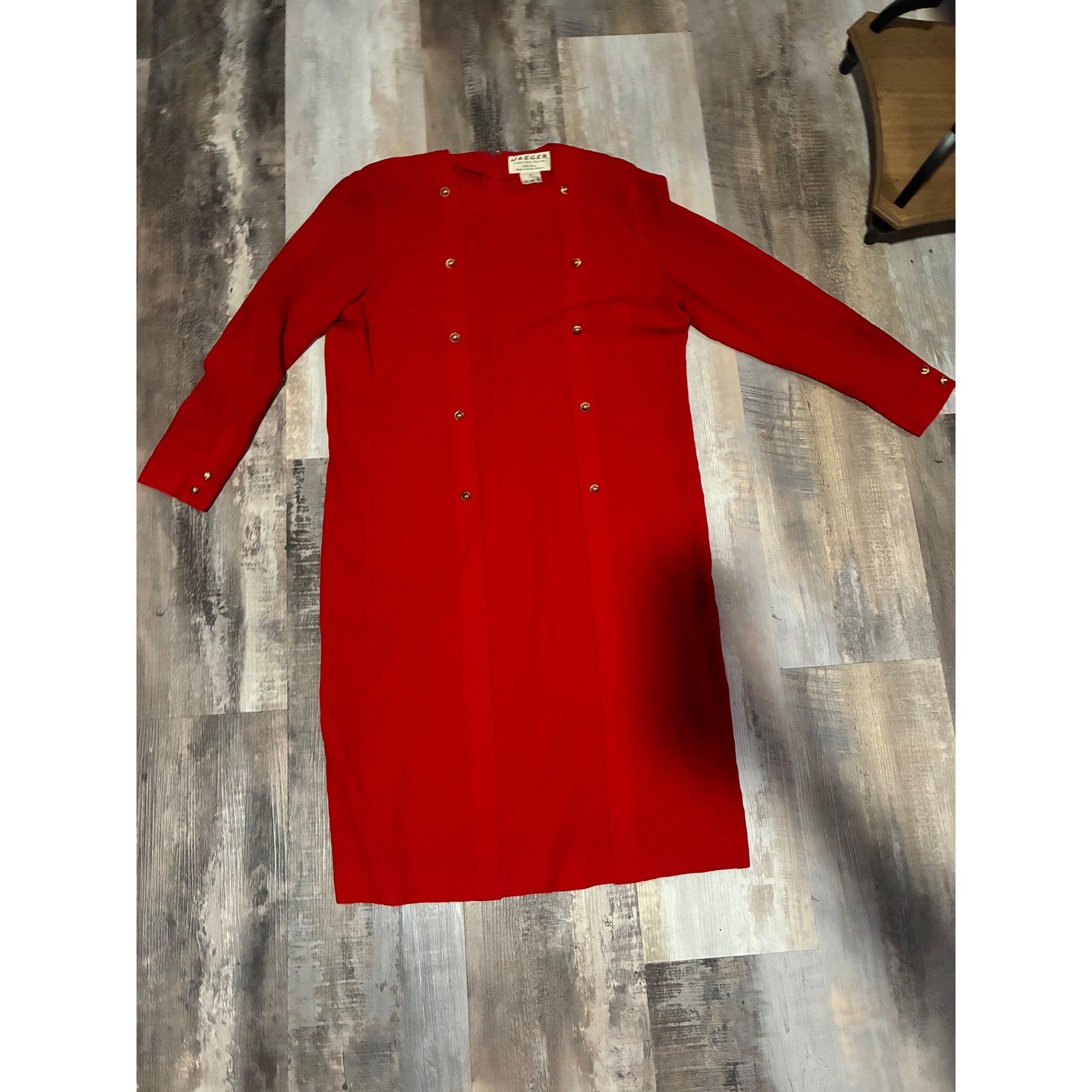 Vintage Jaeger London Red 100% Wool Dress Gold Button Detail Made in Britain