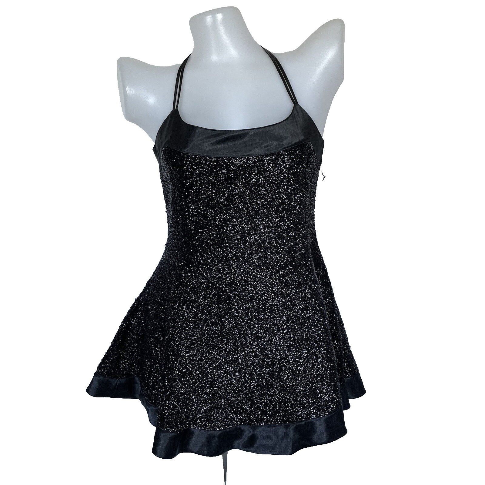 80s vtg VICTORIA’S SECRET Black METALLIC Metal Mini Dress Slip LBD NYE y2k P S