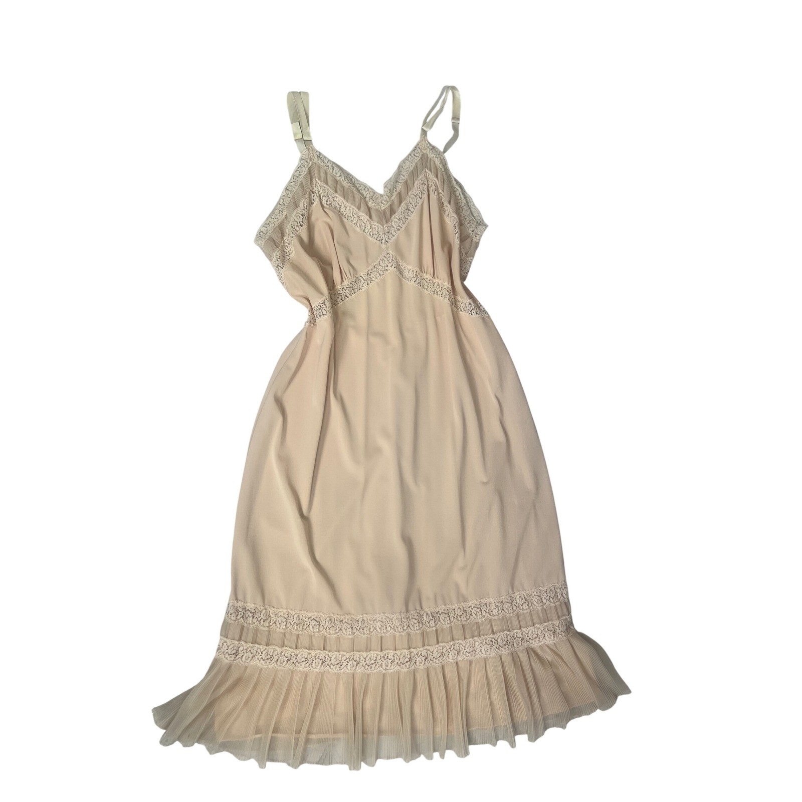 Vintage Charmode Sears Roebuck Nude Lace Pleated Ruffle Full Slip Dress Size 38