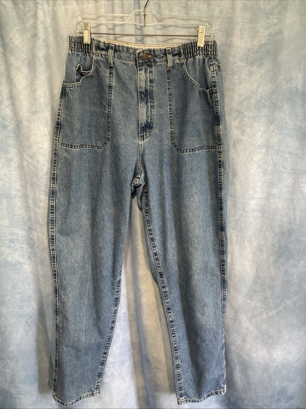 Vtg 80s 90s Lee Jeans Womens Elastic Waist Patch Pocket Mom Grunge Light Wash