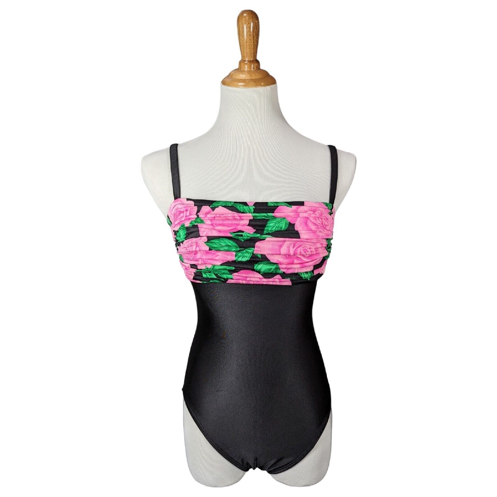 80’s Vintage La Blanca Swimsuit One Piece Bathing Suit Black Pink Roses MED