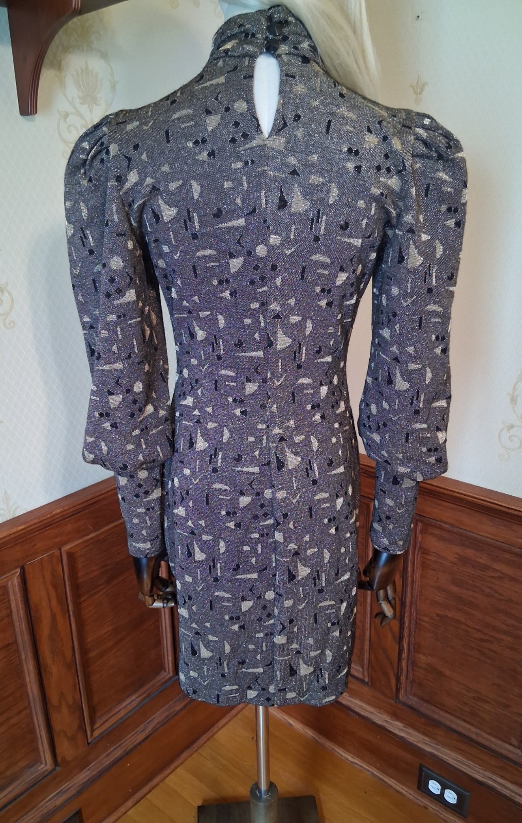 Vintage 80s All that Jazz Metallic Gold New Wave Puff Sleeve Bodycon Mini Dress