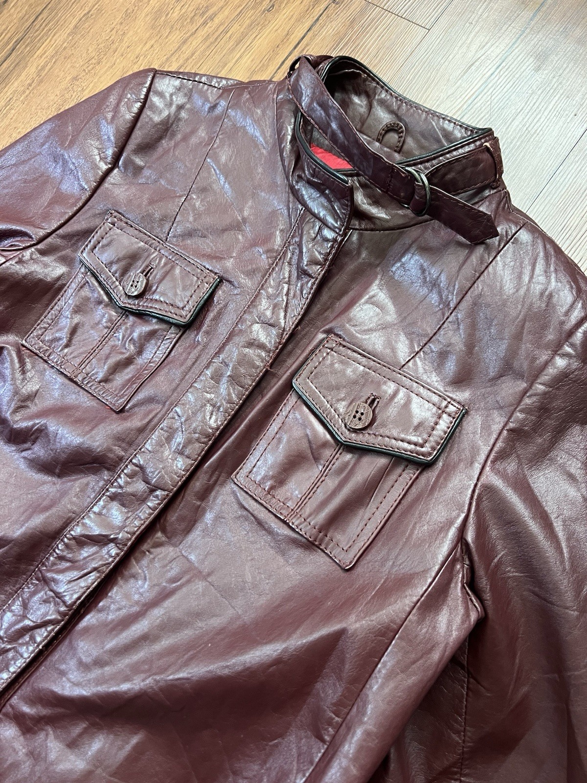 Vintage Suburban Heritage Leather Trench Coat Size 12 Burgundy Red Button 70s