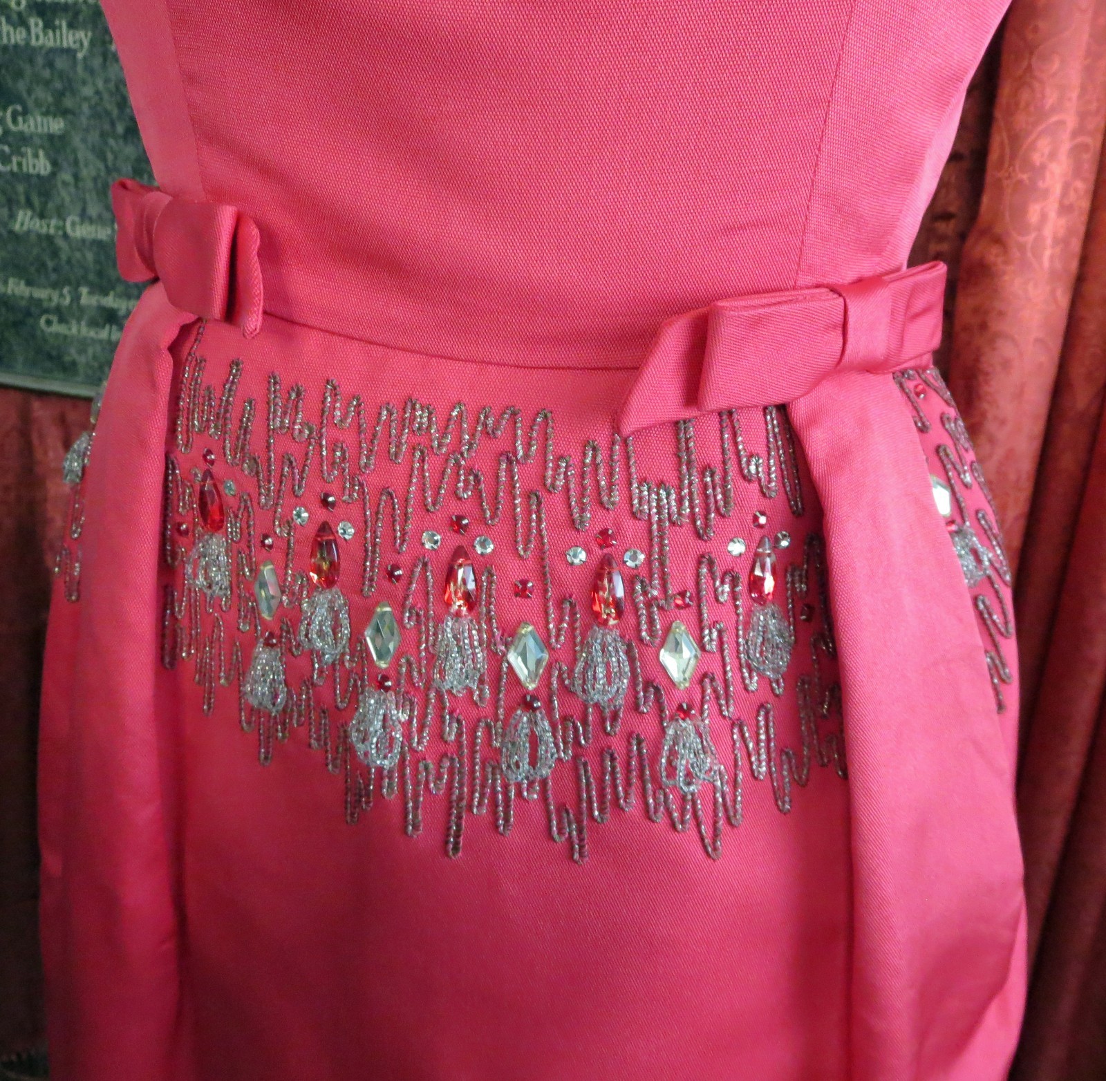 1950s 1960s Hot Pink 100% Silk Beaded Cocktail Party Dress Marjorie Michael S