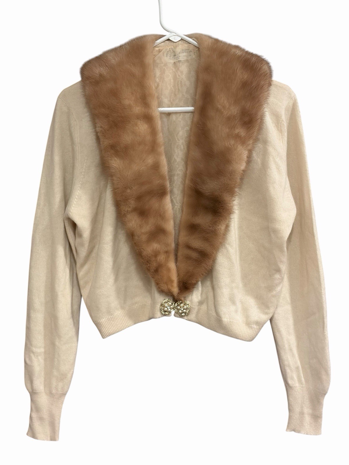 Vtg 1950s Dalton Ivory Cashmere Sweater Detachable Mink Collar Pearl Clasp PL