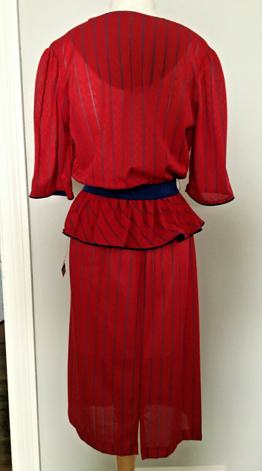Vintage Womens Another Goody Red & Blue Striped Peplum Dress Size 10 NWT