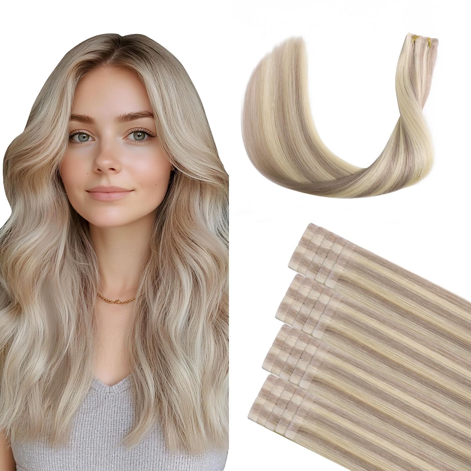 XDhair Invisble Tape in Hair Extensions Human Hair Ash Blonde Highlight Platinum