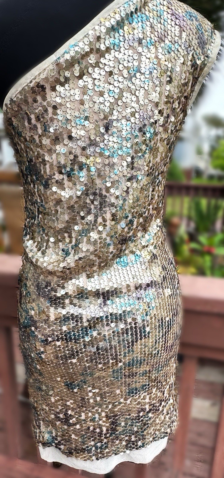 VTG NWOT Uli Herzner One Shoulder Matte Champagne Sequin Cocktail Dress Teal PUR