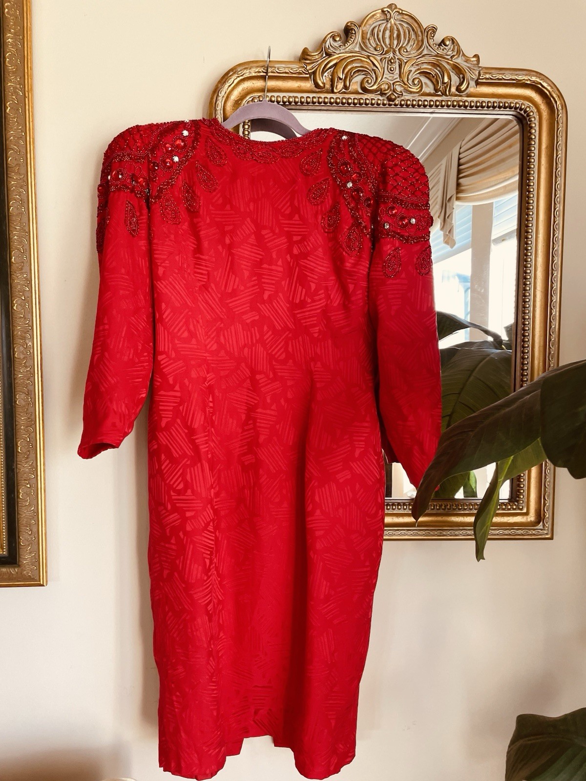 Vintage 80’s Silky Poly Hand Beaded Glam Stylish Red Dress 10