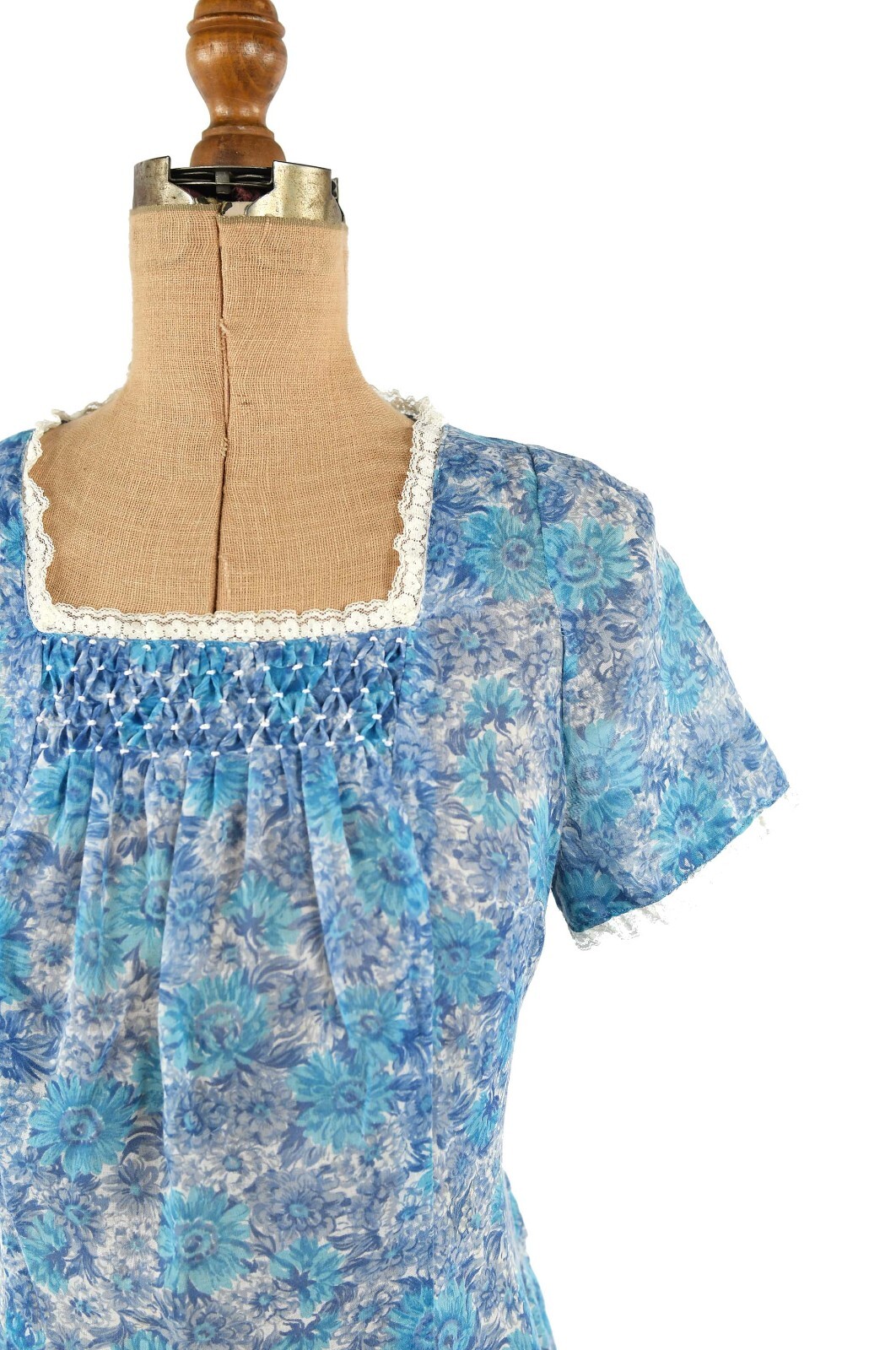 Vintage 50s Semi Sheer Cotton Blue Floral Novelty Print Cottage Prairie Dress M