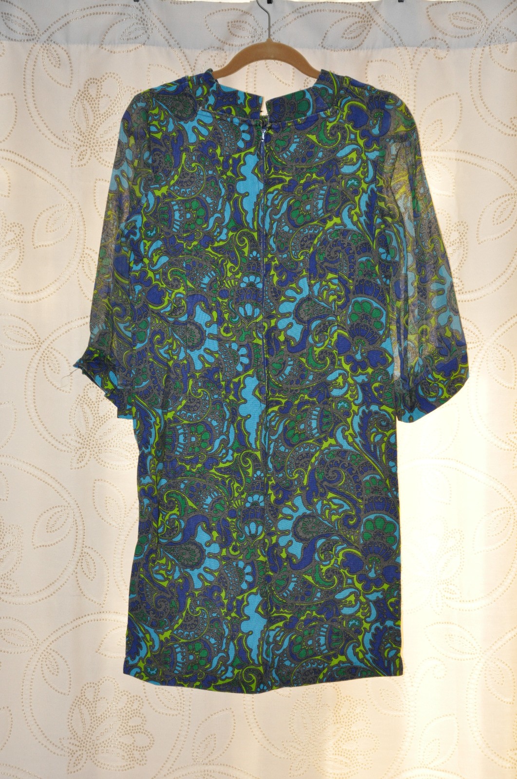 60s Vintage Blue Green Paisley Sheer Bell Sleeve Sheath Wiggle Day Dress Women S