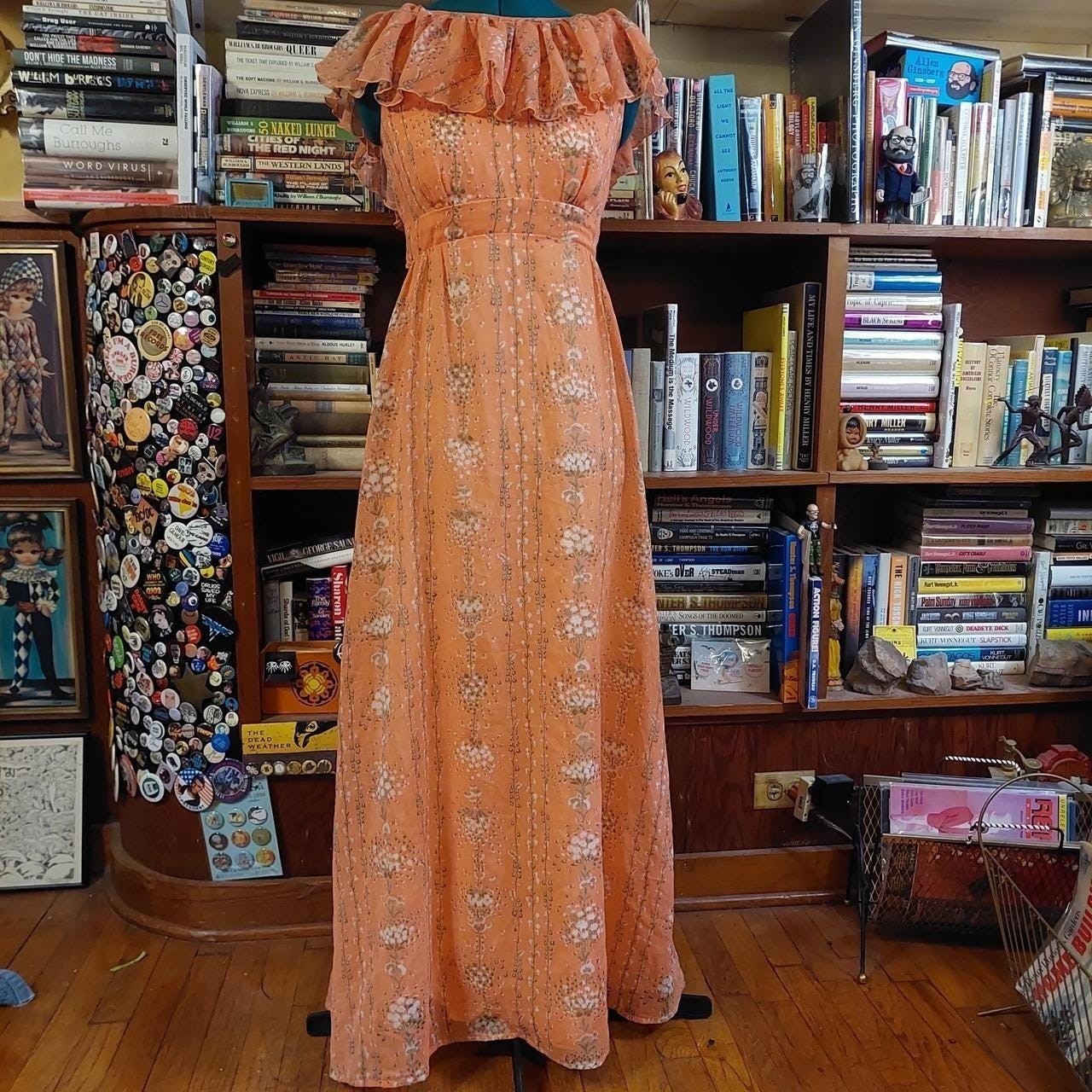 Vintage peach and white empire waist floral long dress with ruffle detail.