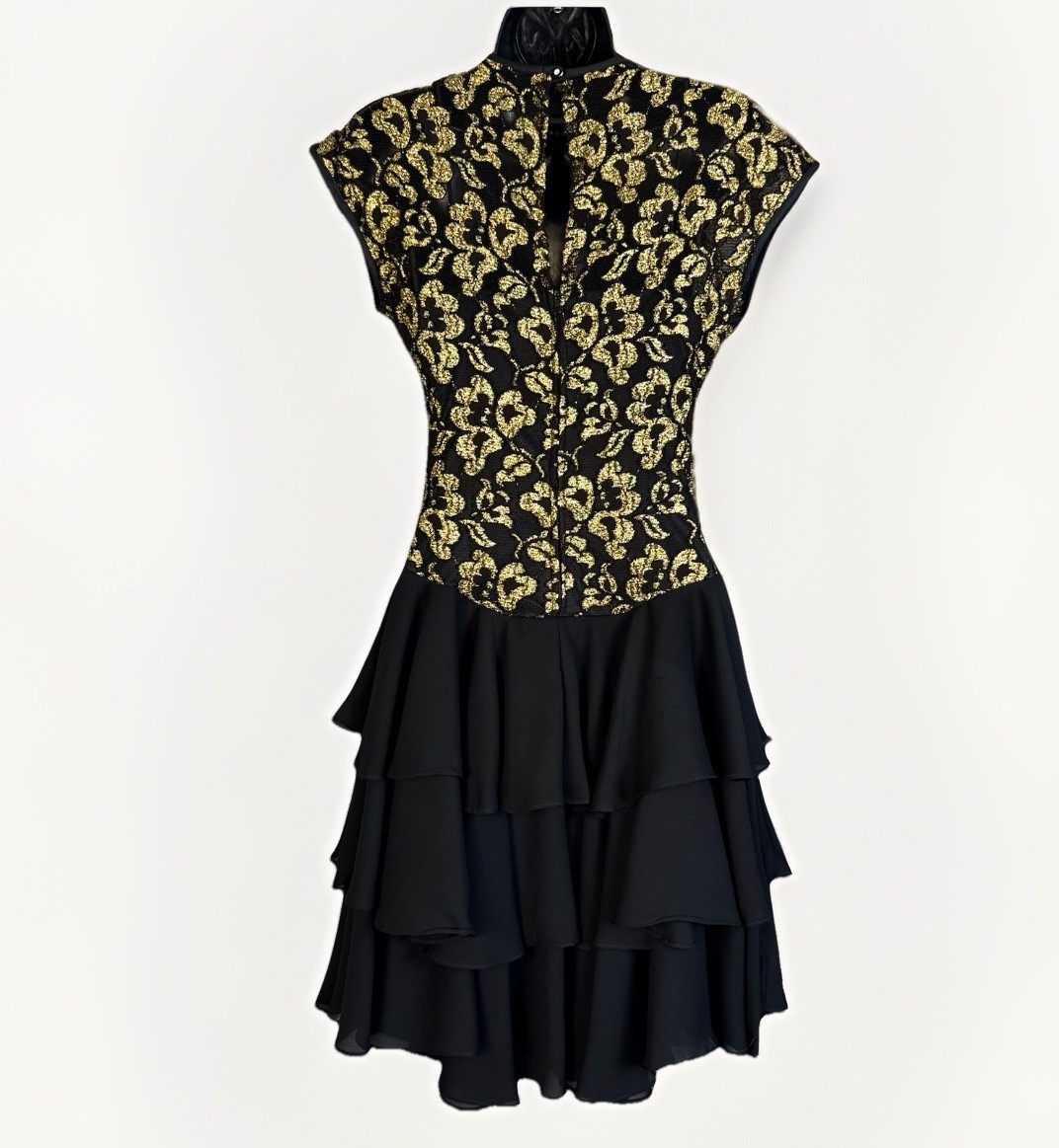 Vintage 80’s Late Edition Black Sheer Gold Floral Tier Ruffle Mini Dress Size 8