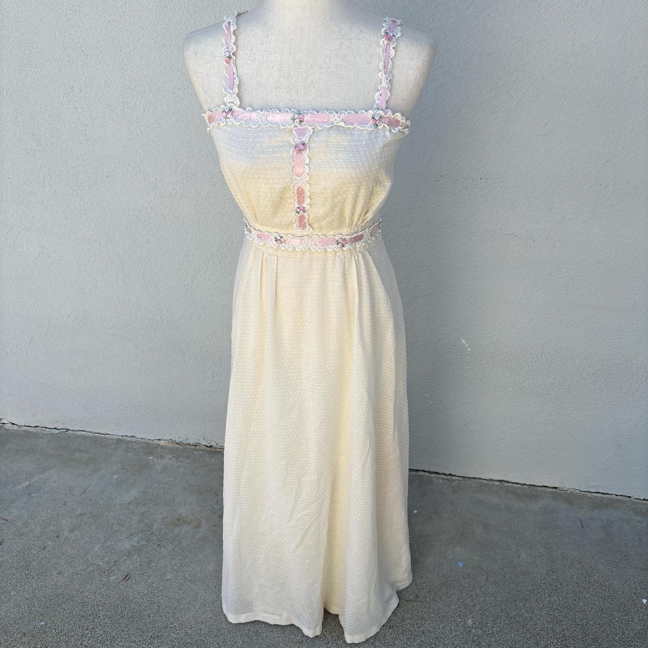Vintage Handmade Dotted Swiss Dress With Embroidered Pink Rose Lace Trim