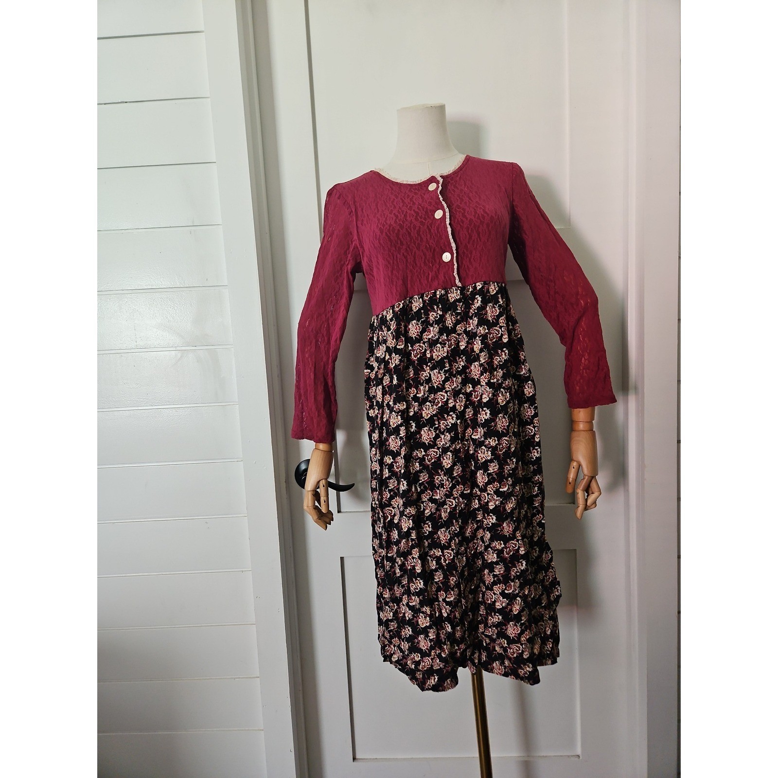 VTG 90s LA Chic California Floral Dress Burgundy Grunge Prairie Cottagecore S