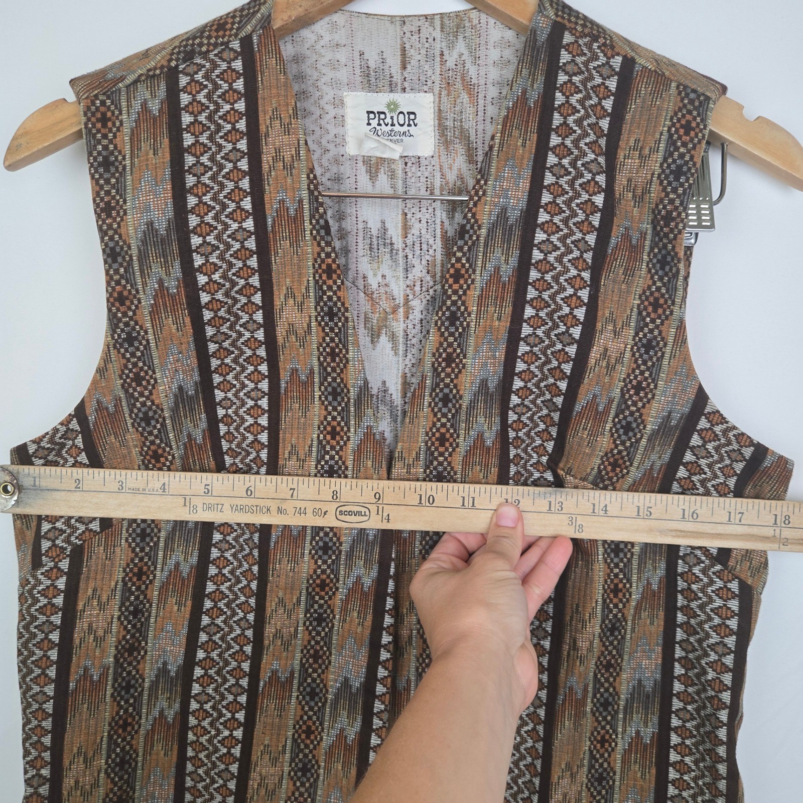 Vintage Prior Westerns Denver Southwestern Geometric Woven Longline Vest Brown
