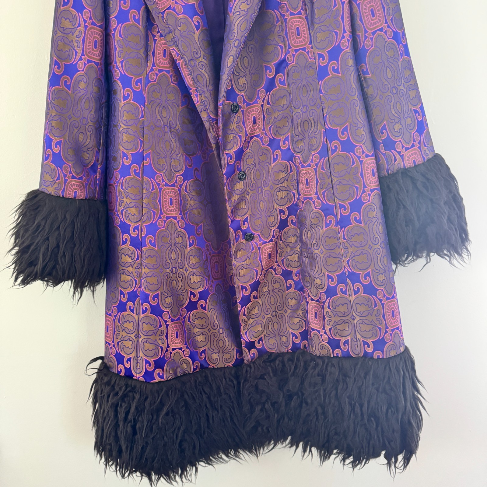90s vtg VIVIENNE TAM Purple Gold IRIDESCENT Brocade Rave Penny Lane Fur Coat Y2K