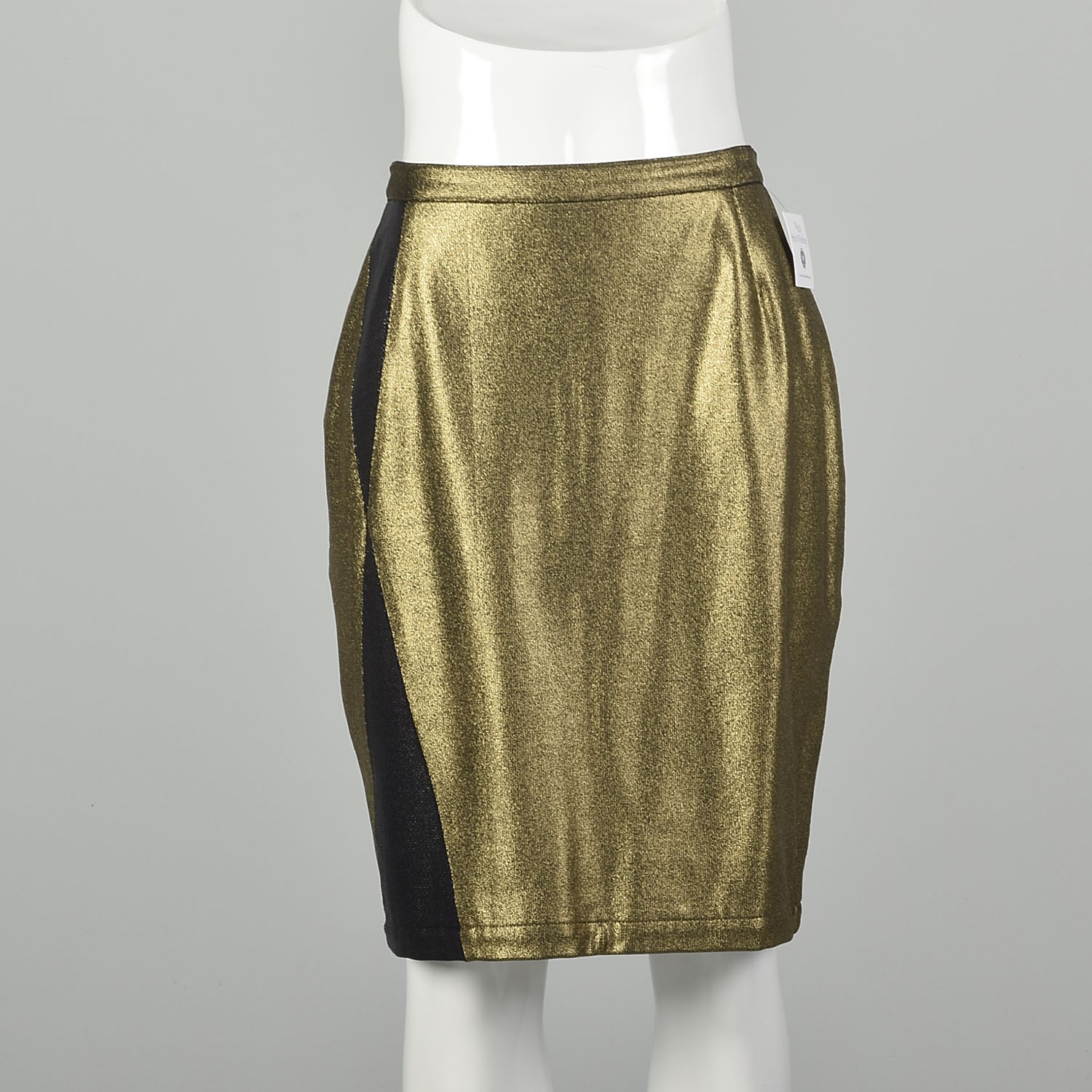 Medium 1990s Versace Spandex Pencil Skirt Metallic Gold Black Embellishment VTG