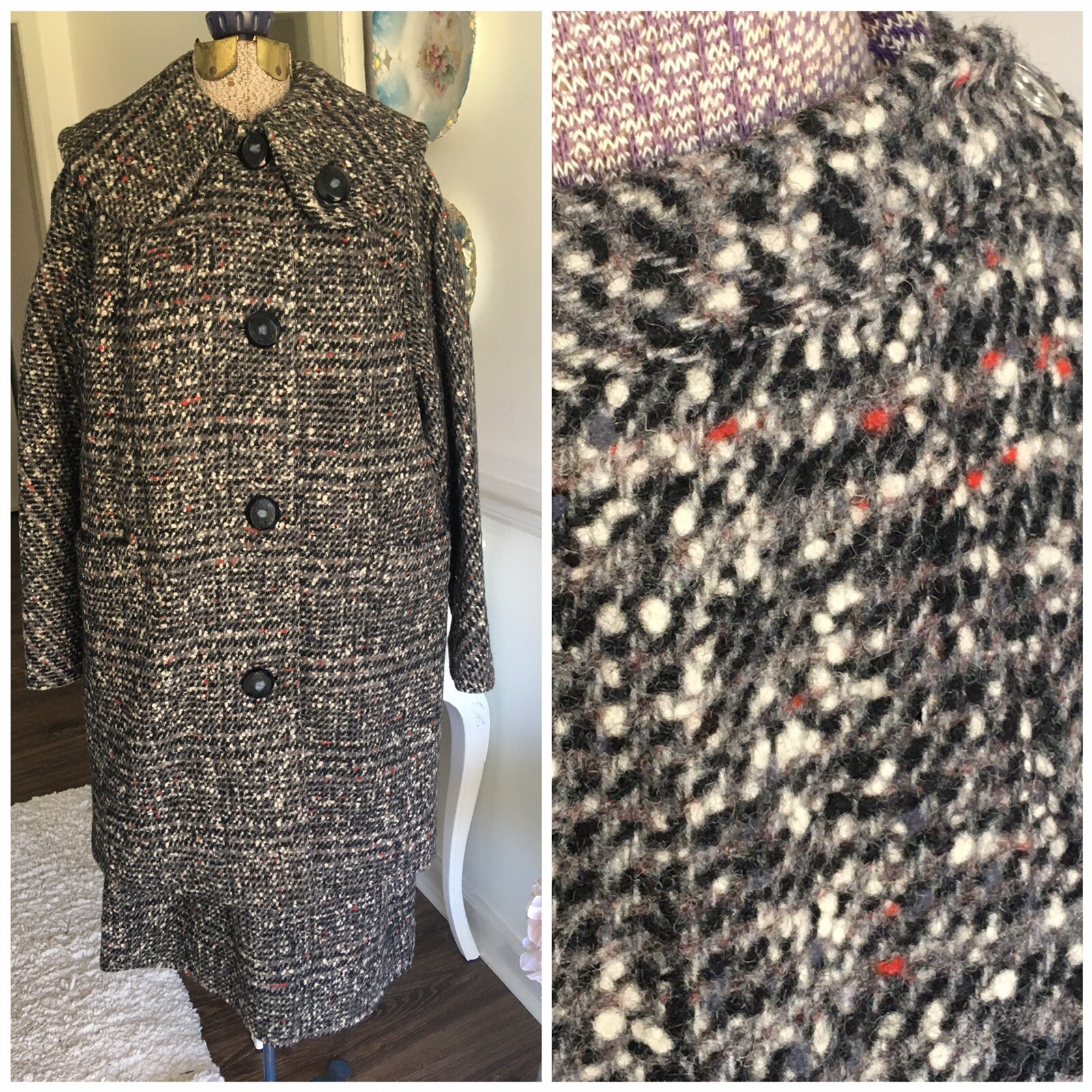 Vintage 1950s 60s Chunky BLACK & White Wool TWEED Coat and Skirt SET Plush LINED