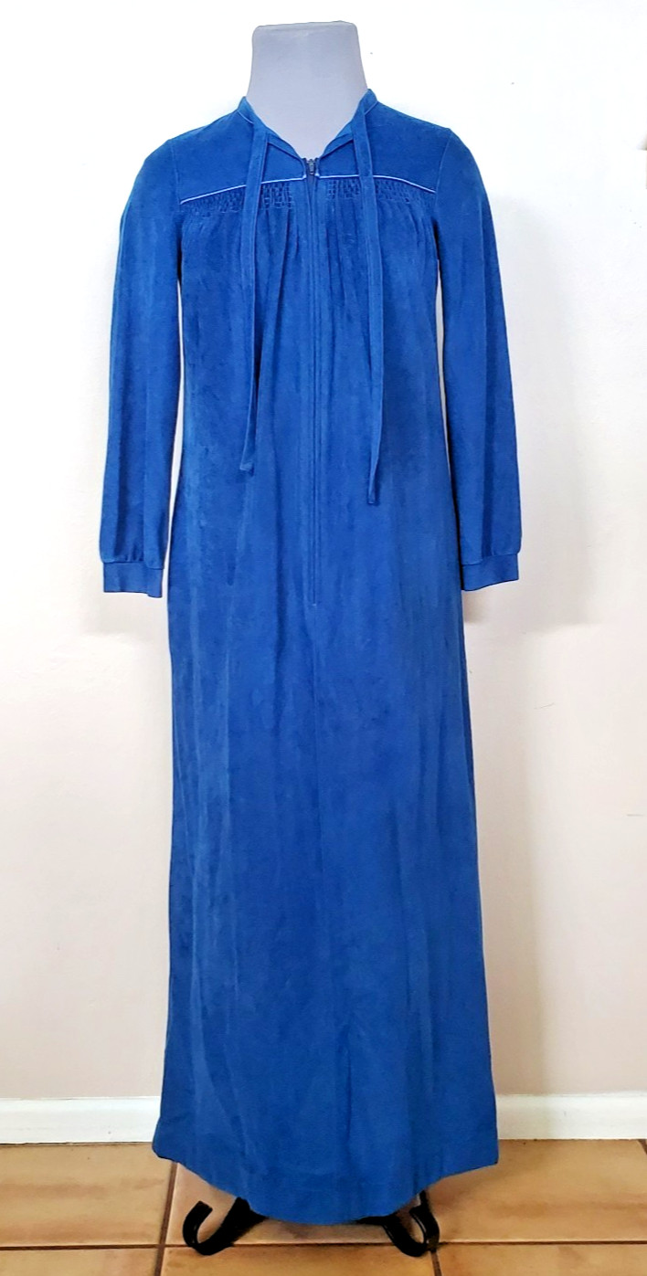 Full Length Vintage Teal Blue Velour 3/4 Zip Housecoat Robe by Komar -Sz Small
