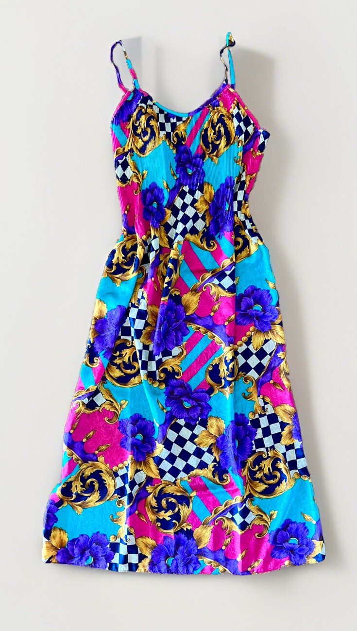Vintage Georgette Trabolsi Colorful Artsy Print Lingerie Night Gown Slip Dress M