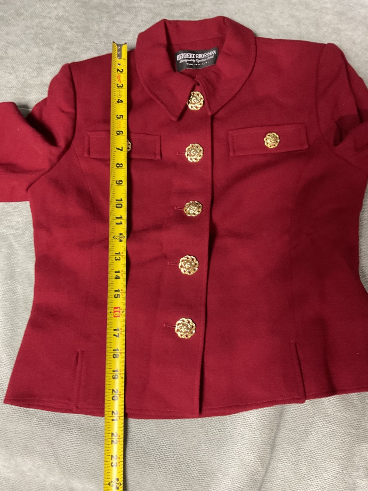 Herbert Grossman Vintage 1989s Red Skirt Suit Ornate Gold Butttons Size 8