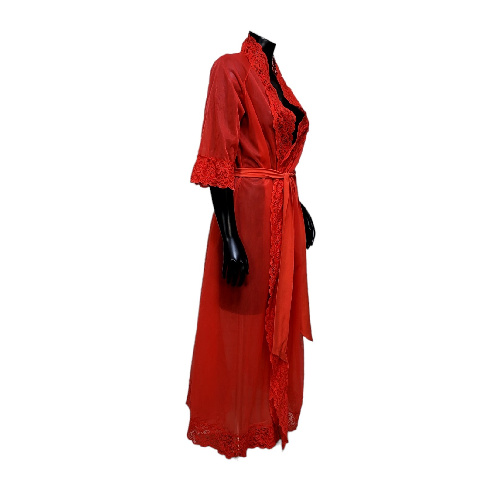 Vintage 70s CHIC Lingerie Size S Red Nylon Full Length Lace Trim Robe Glam