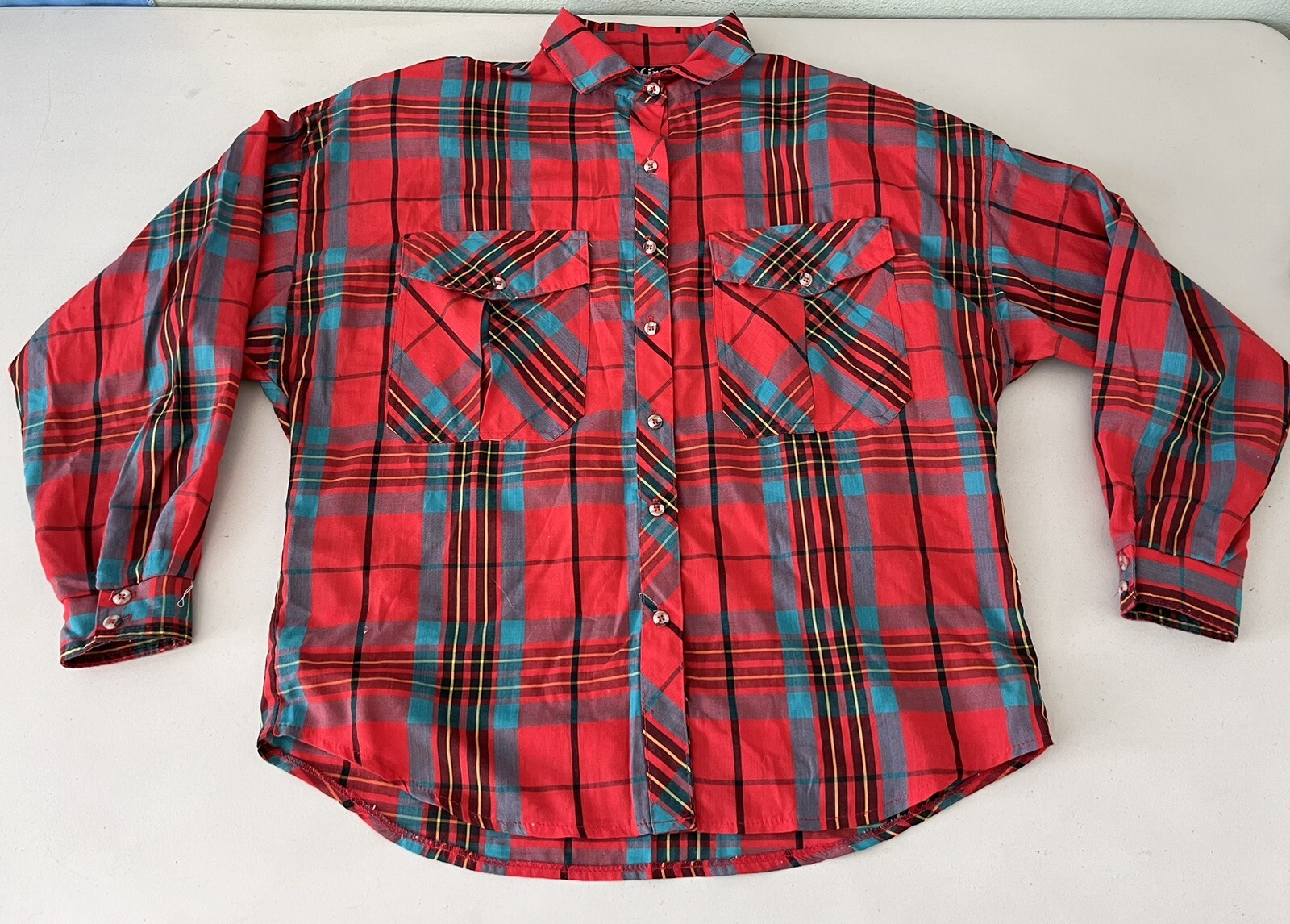 CIRCLE T by Marilyn Lenox Vtg Red Turquoise Plaid Western Button Down Shirt 9-10